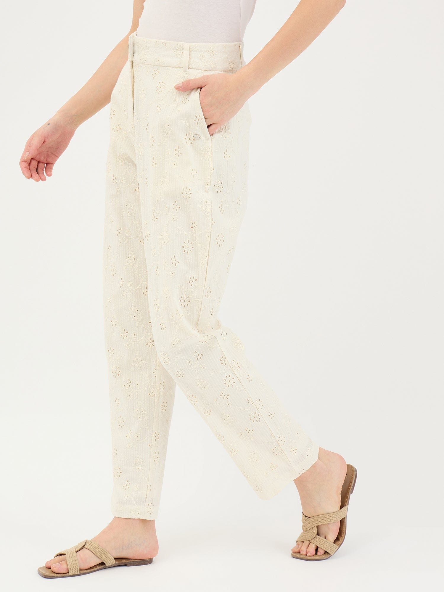 Elle Women White Straight Fit Schiffli Trouser