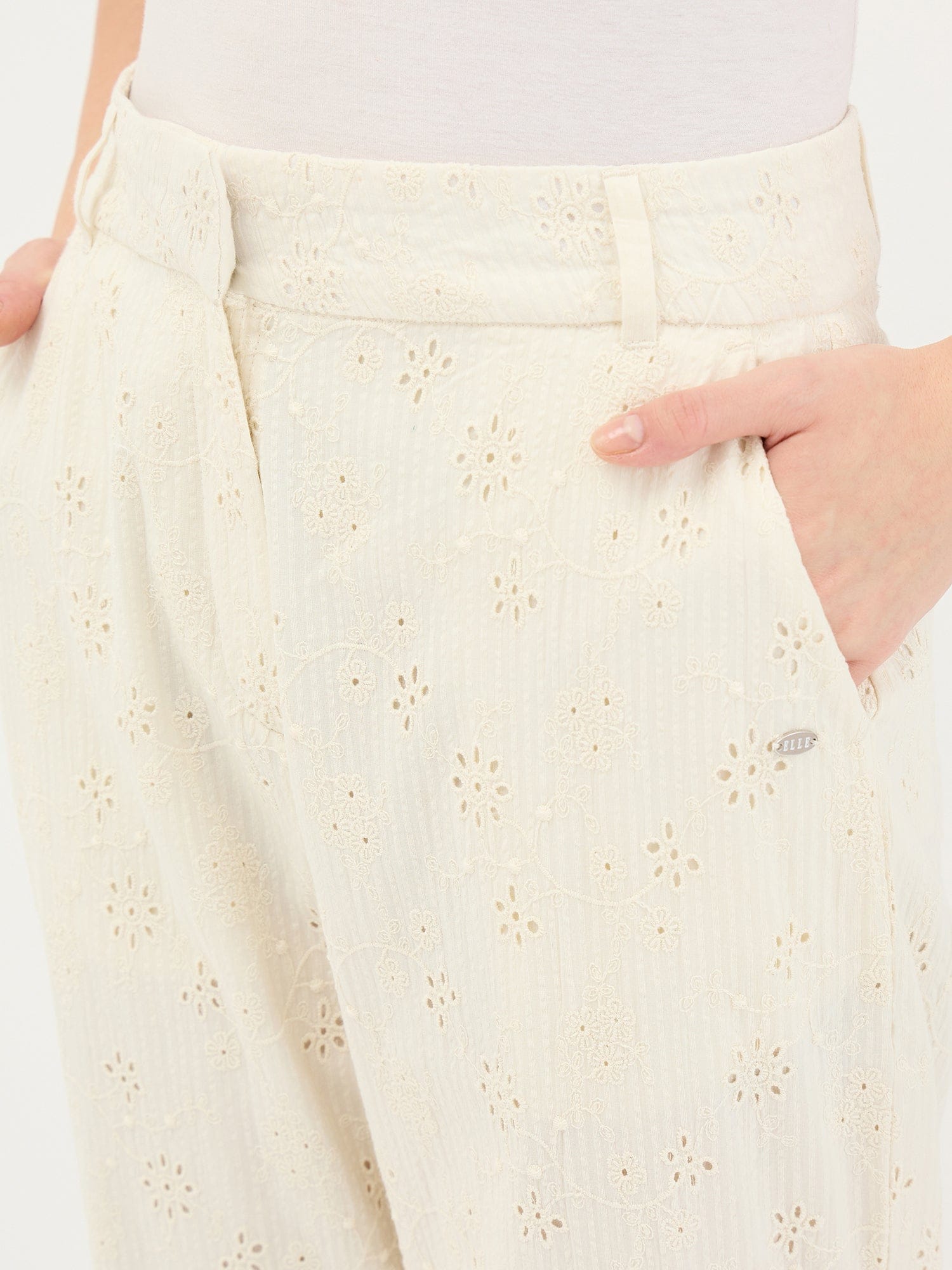 Elle Women White Straight Fit Schiffli Trouser