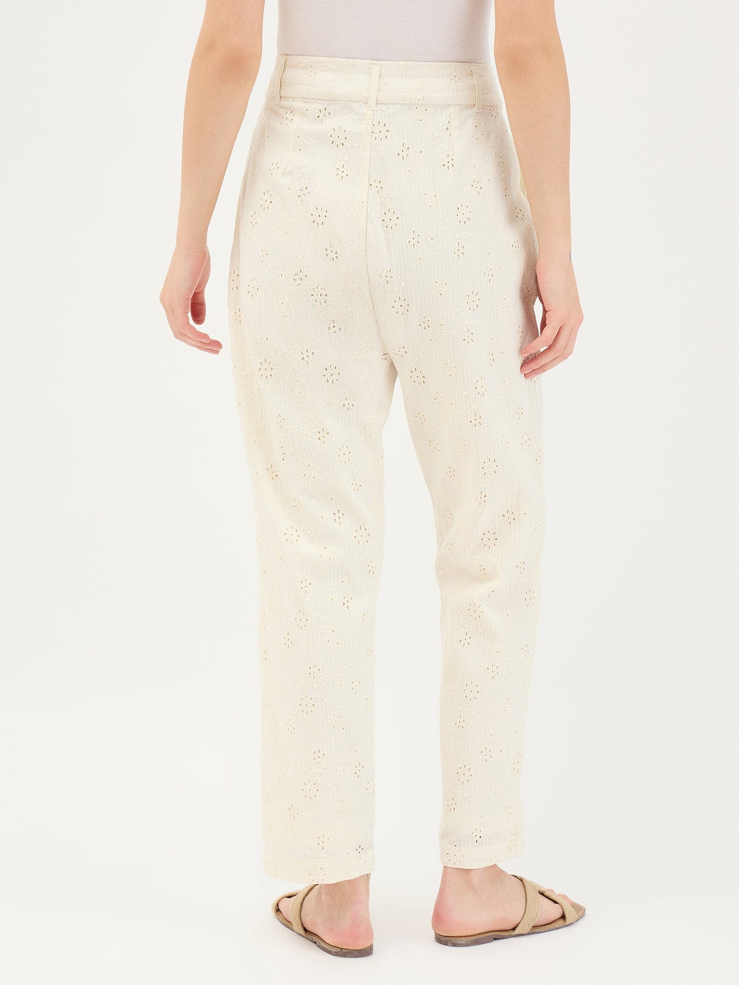 Elle Women White Straight Fit Schiffli Trouser