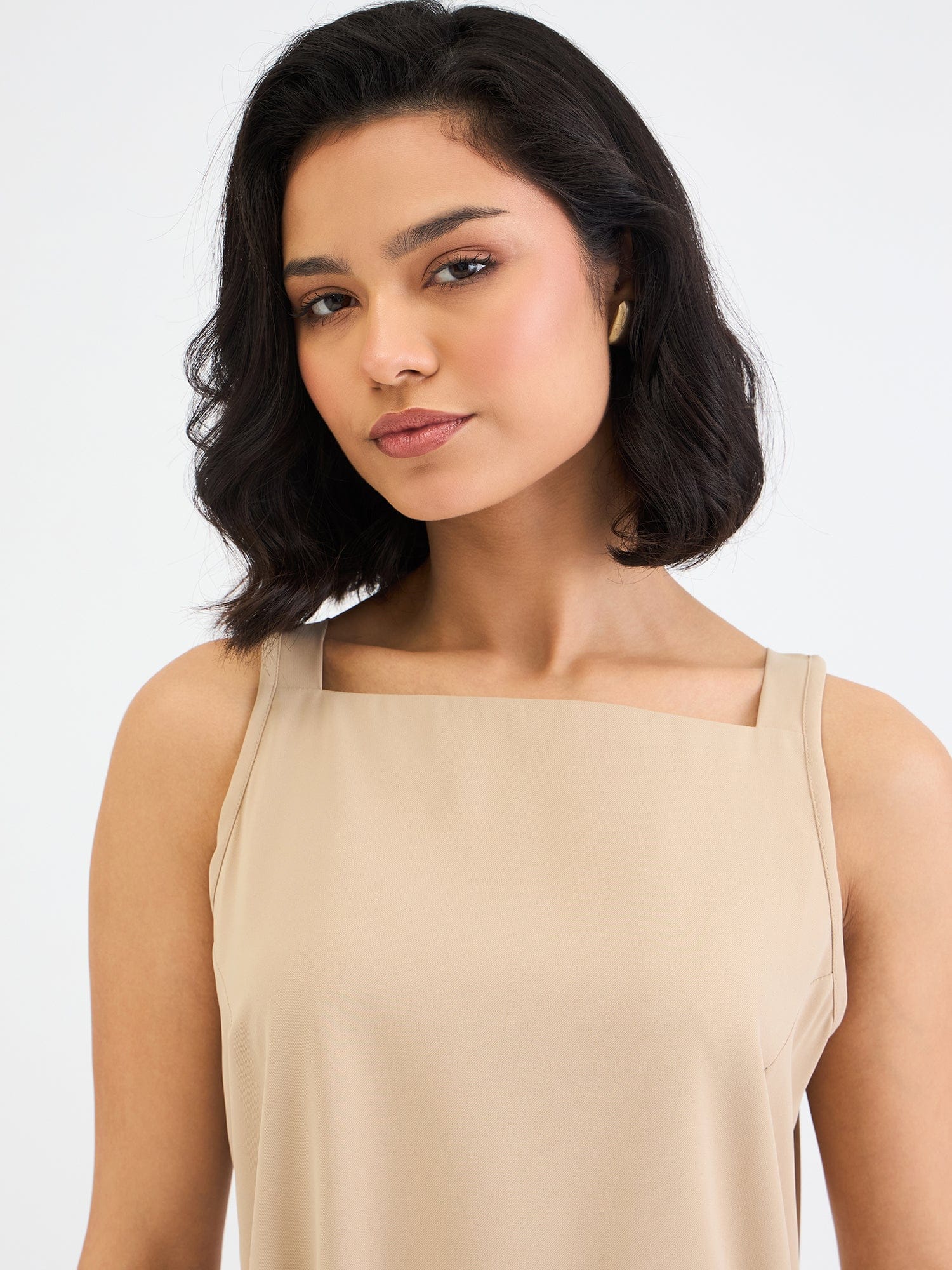 Elle Women Beige Solid Square Neck Top