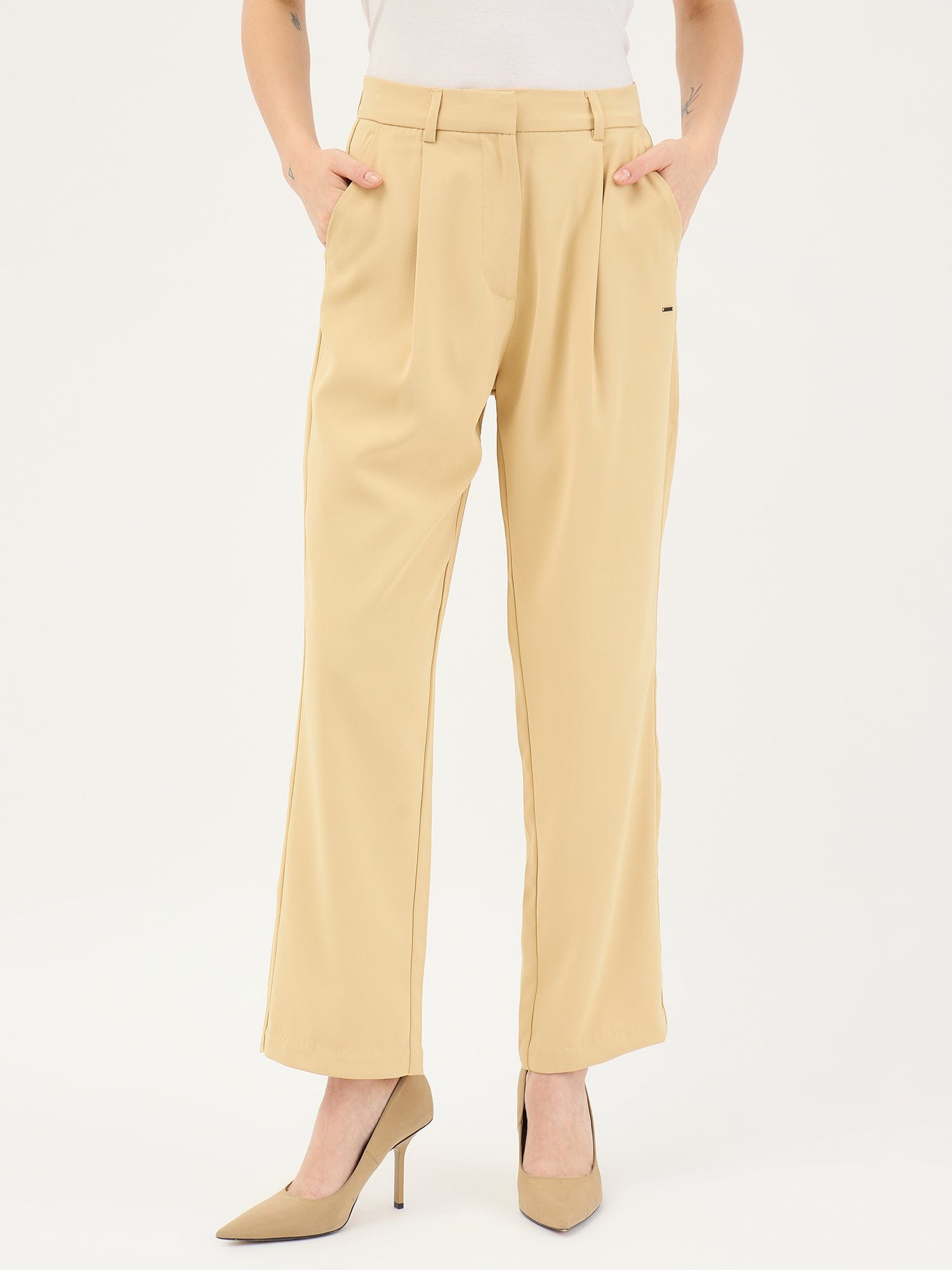 Elle Women Yellow Straight Fit Solid Trouser
