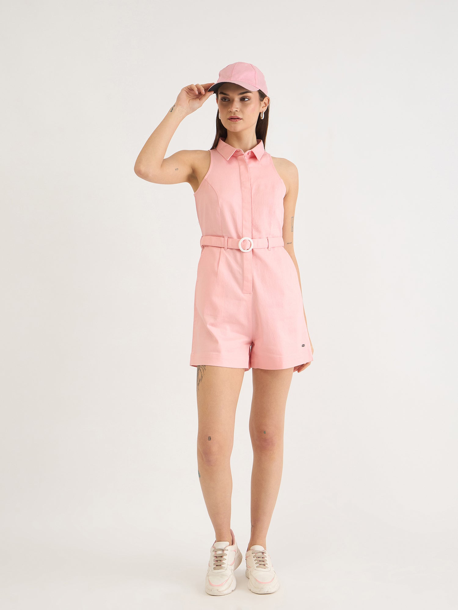 Elle Women Pink Solid Collar Playsuit