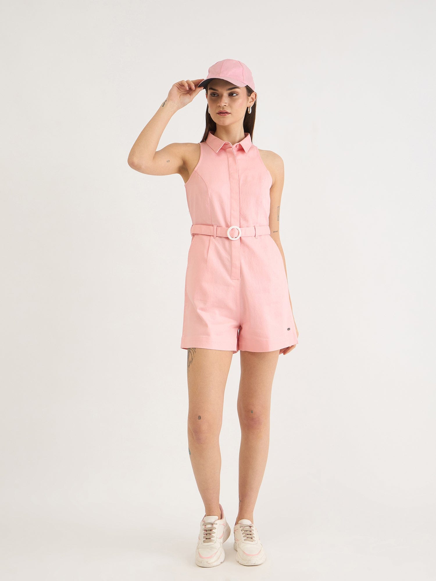 Elle Women Pink Solid Collar Playsuit