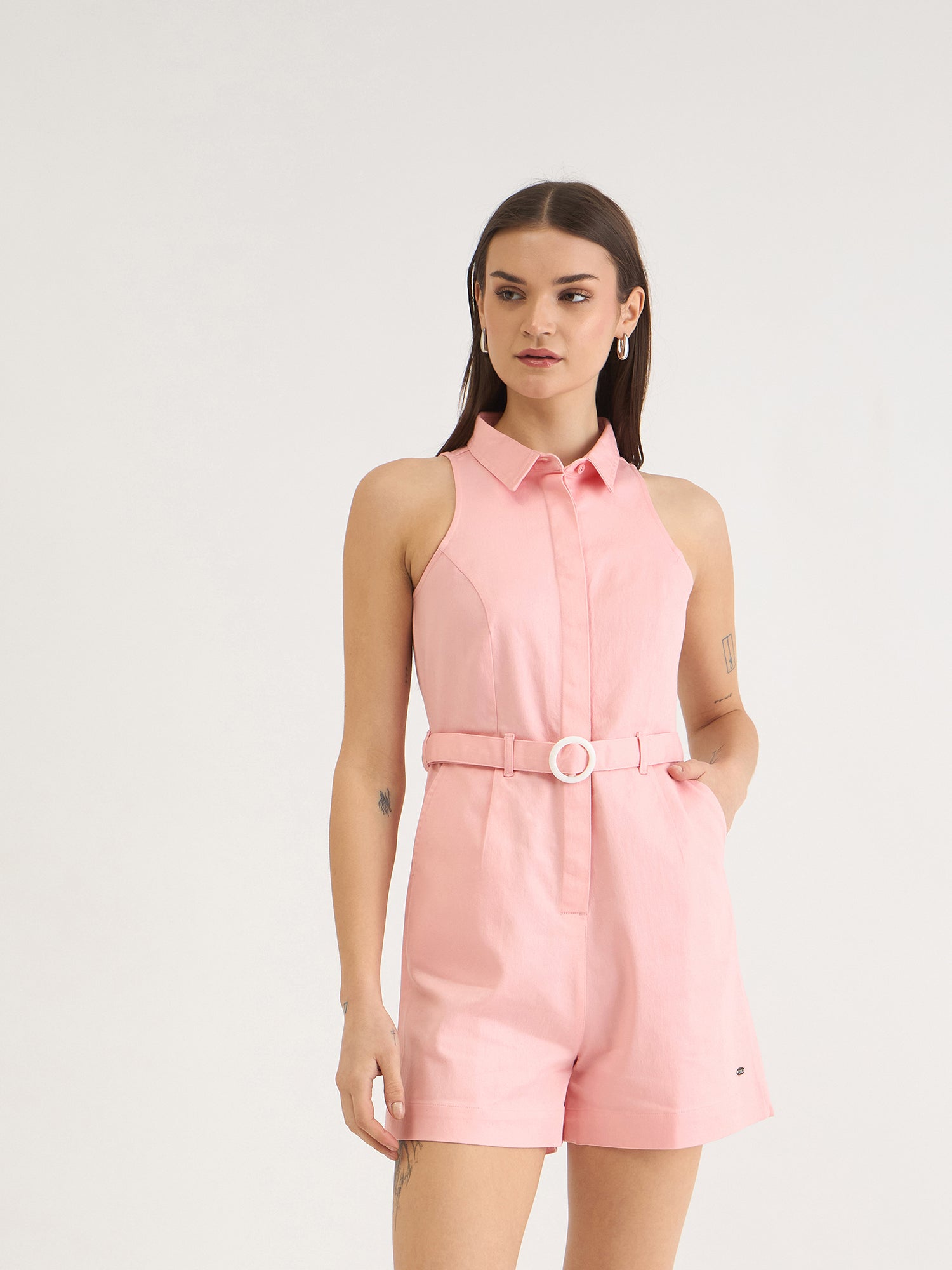 Elle Women Pink Solid Collar Playsuit