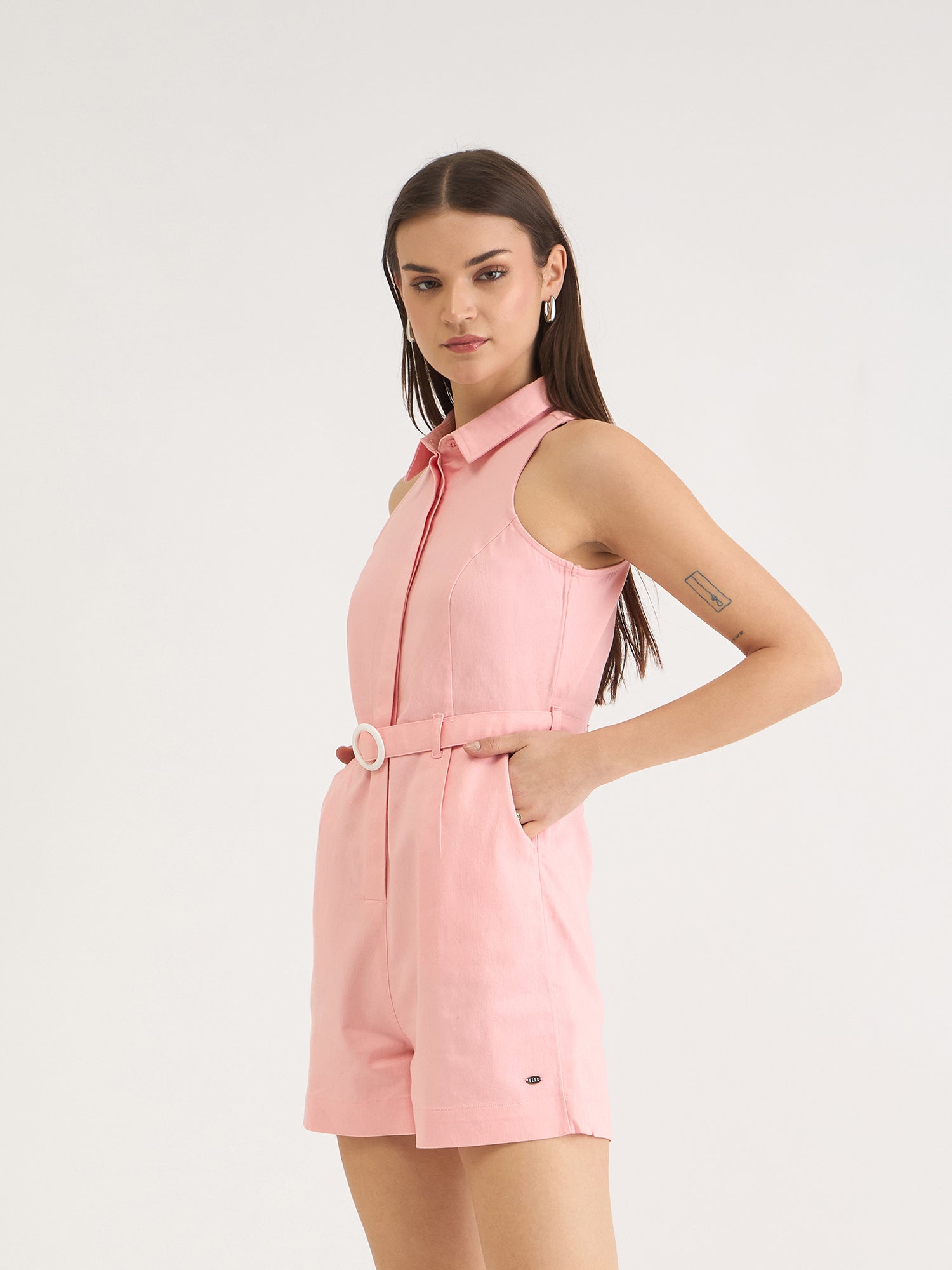Elle Women Pink Solid Collar Playsuit