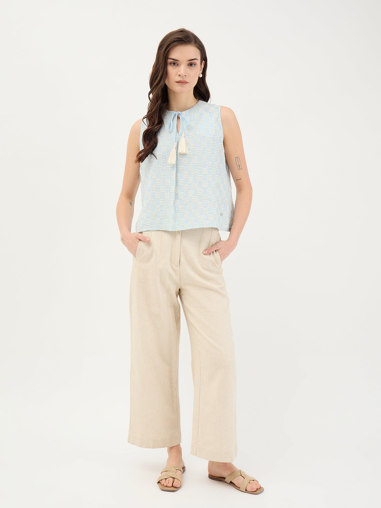 Elle Women Blue Embroidered Collar Top