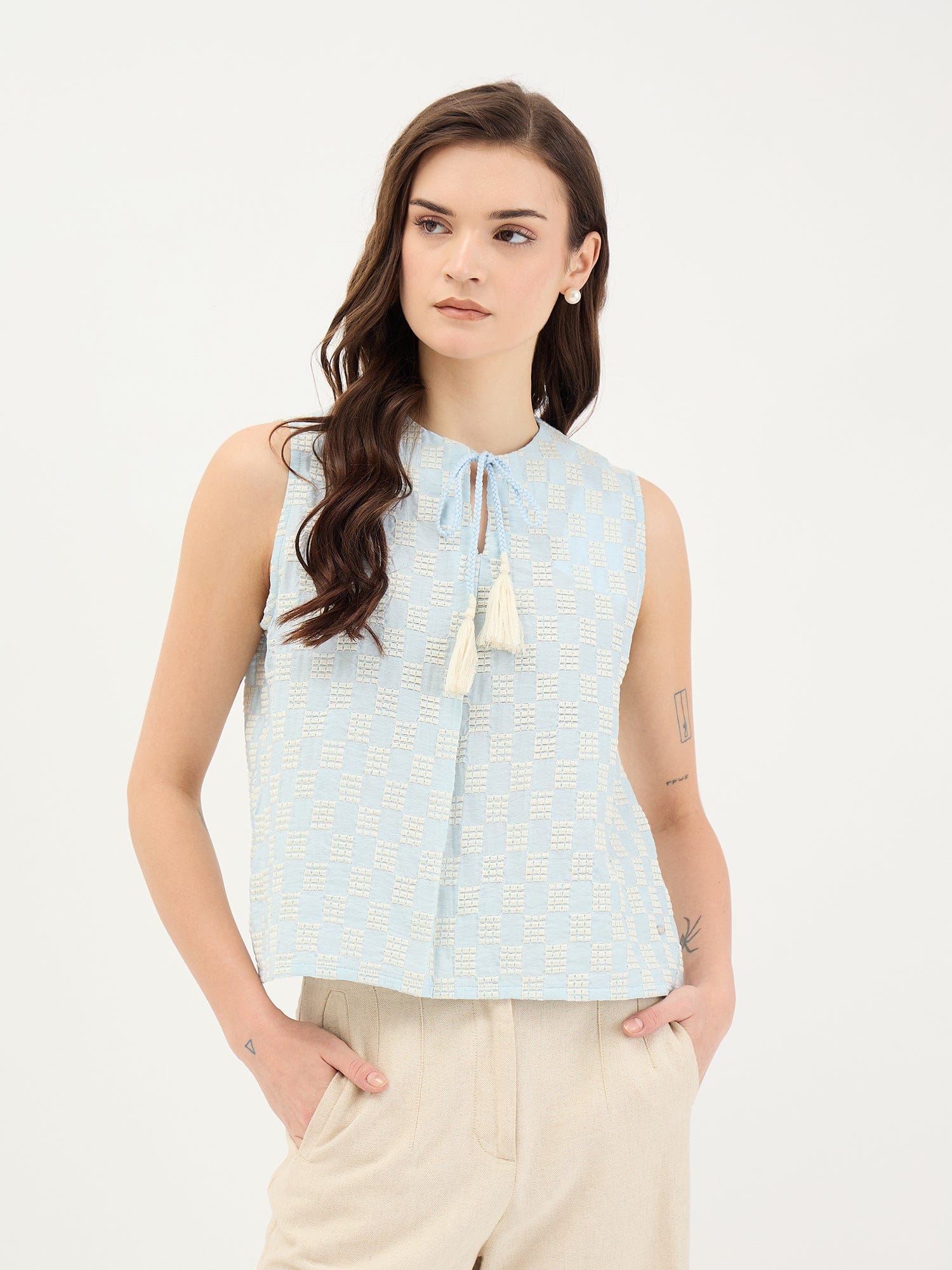 Elle Women Blue Embroidered Collar Top
