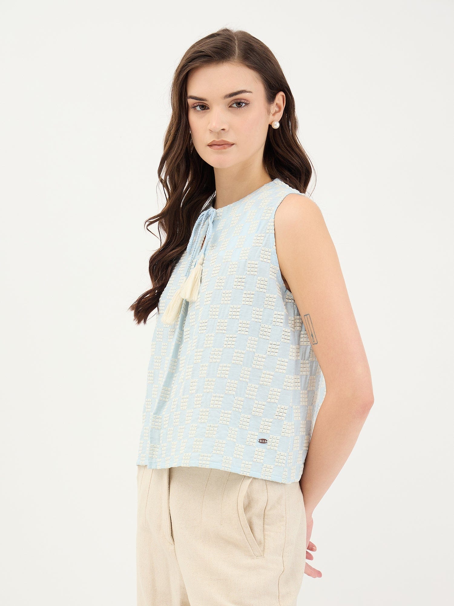 Elle Women Blue Embroidered Collar Top