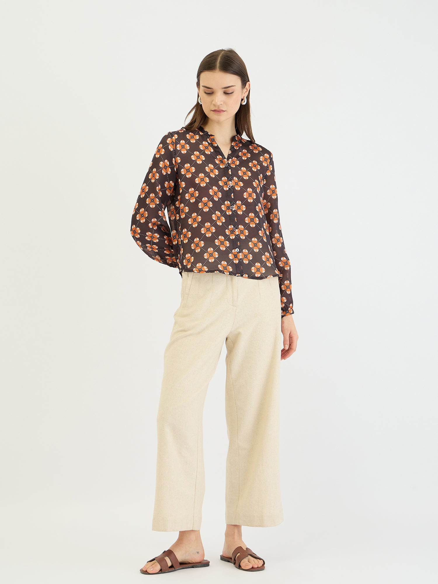 Elle Women Black Printed Band Collar Shirt