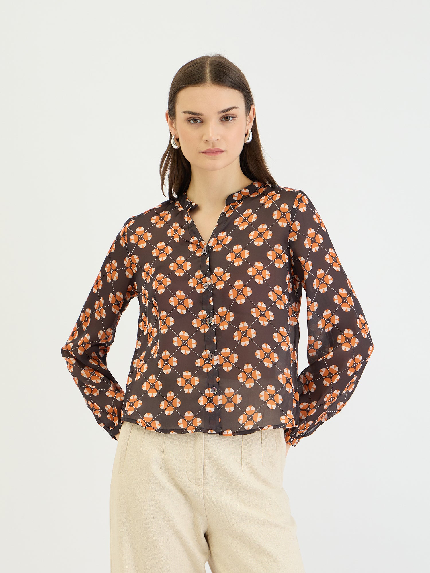 Elle Women Black Printed Band Collar Shirt