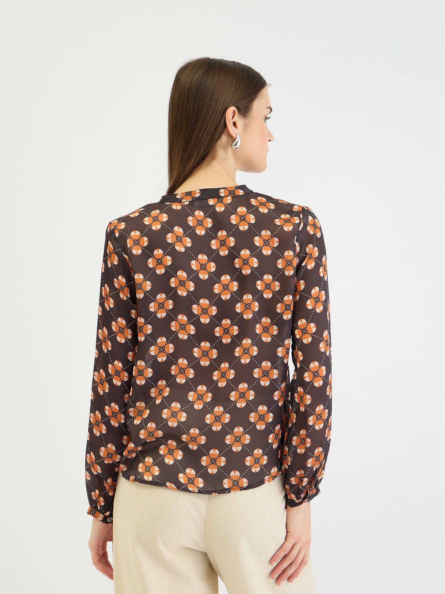 Elle Women Black Printed Band Collar Shirt