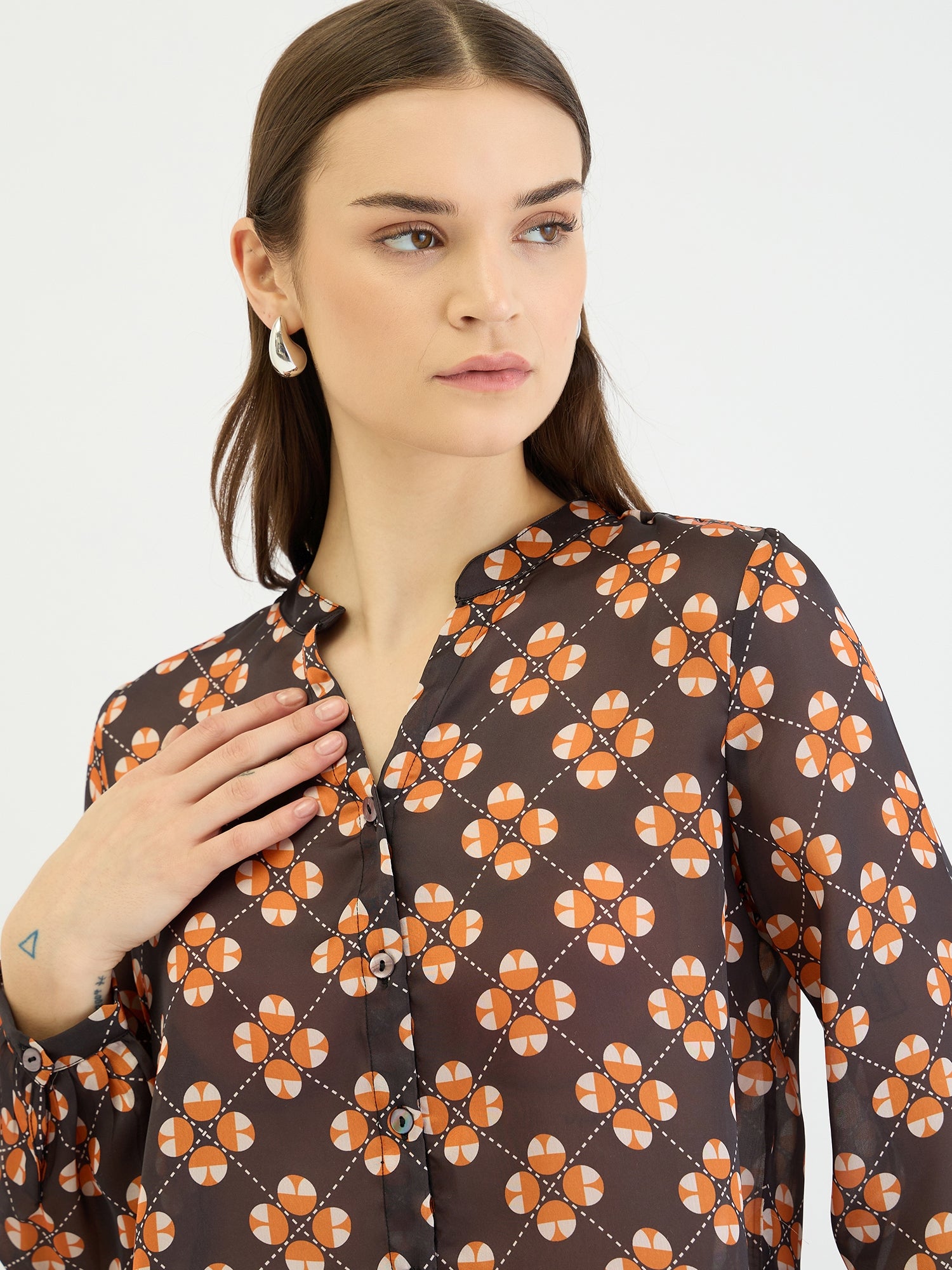 Elle Women Black Printed Band Collar Shirt