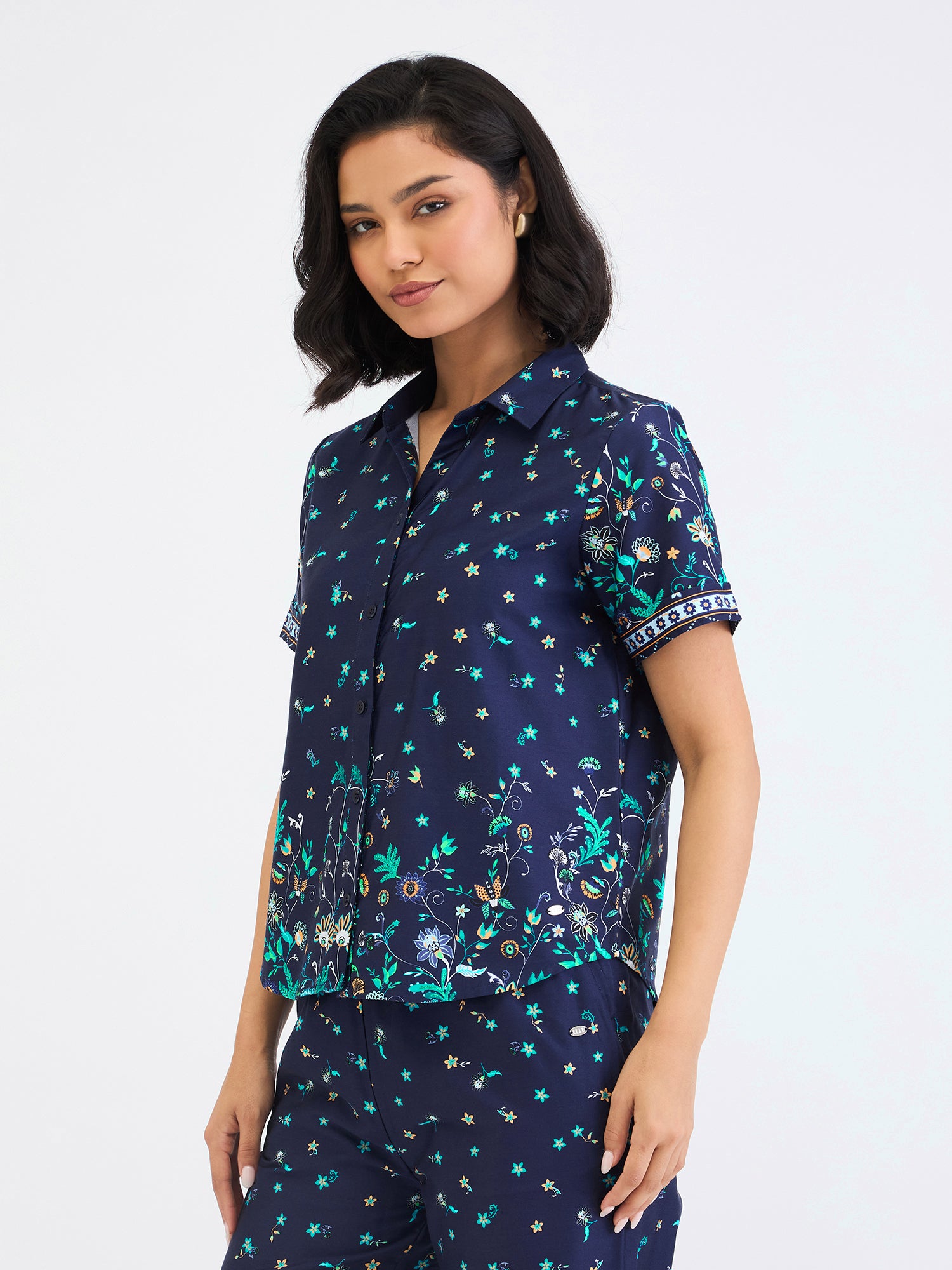 Elle Women Blue Printed Collar Shirt