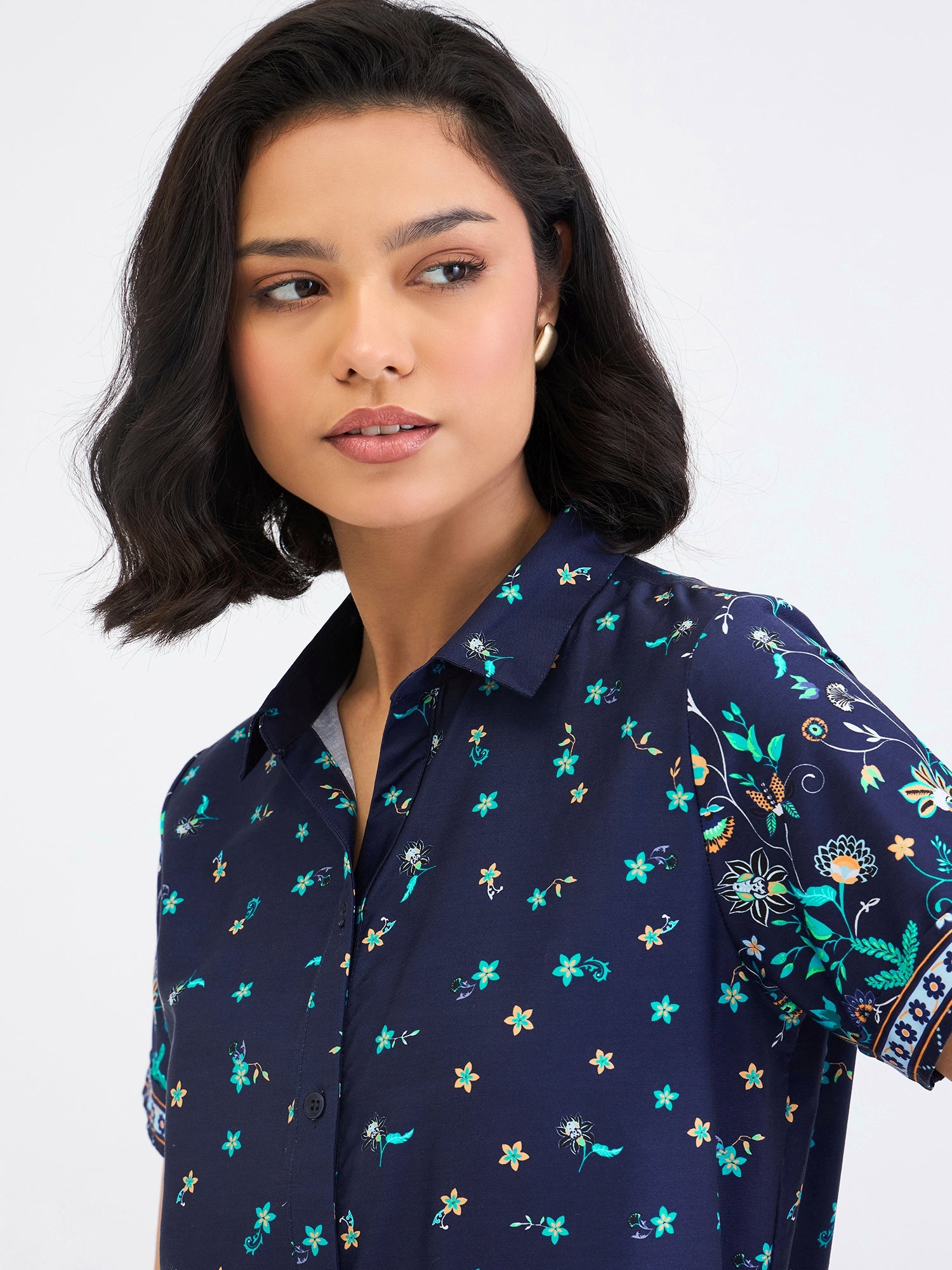 Elle Women Blue Printed Collar Shirt