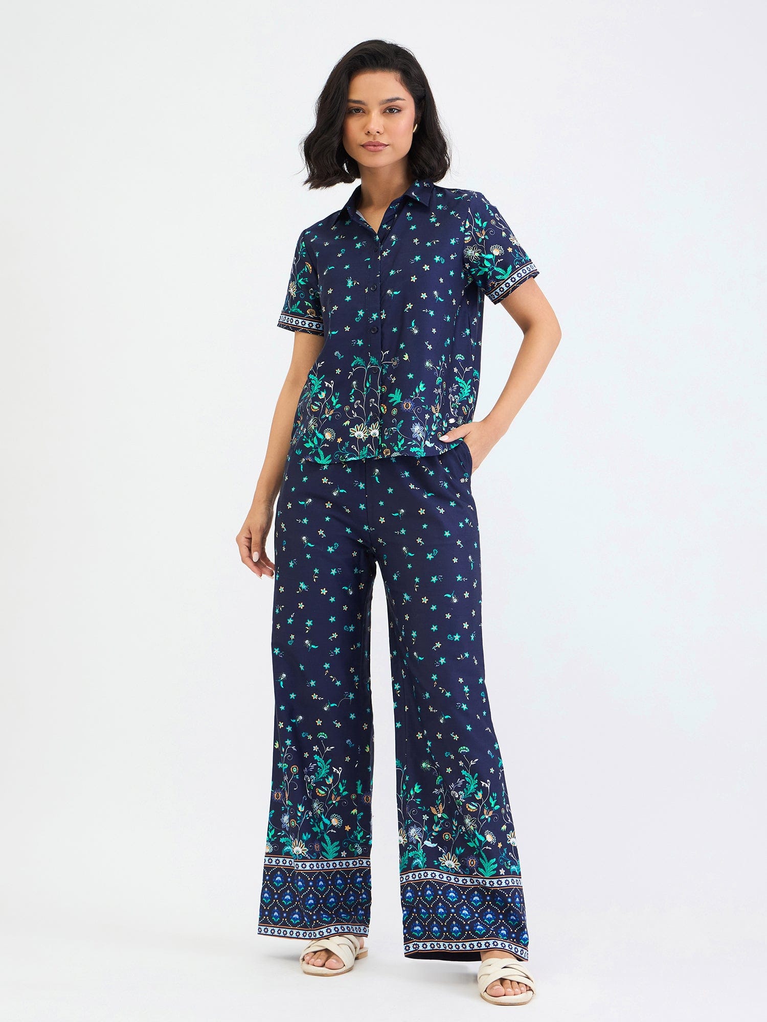 Elle Women Blue Printed Collar Shirt