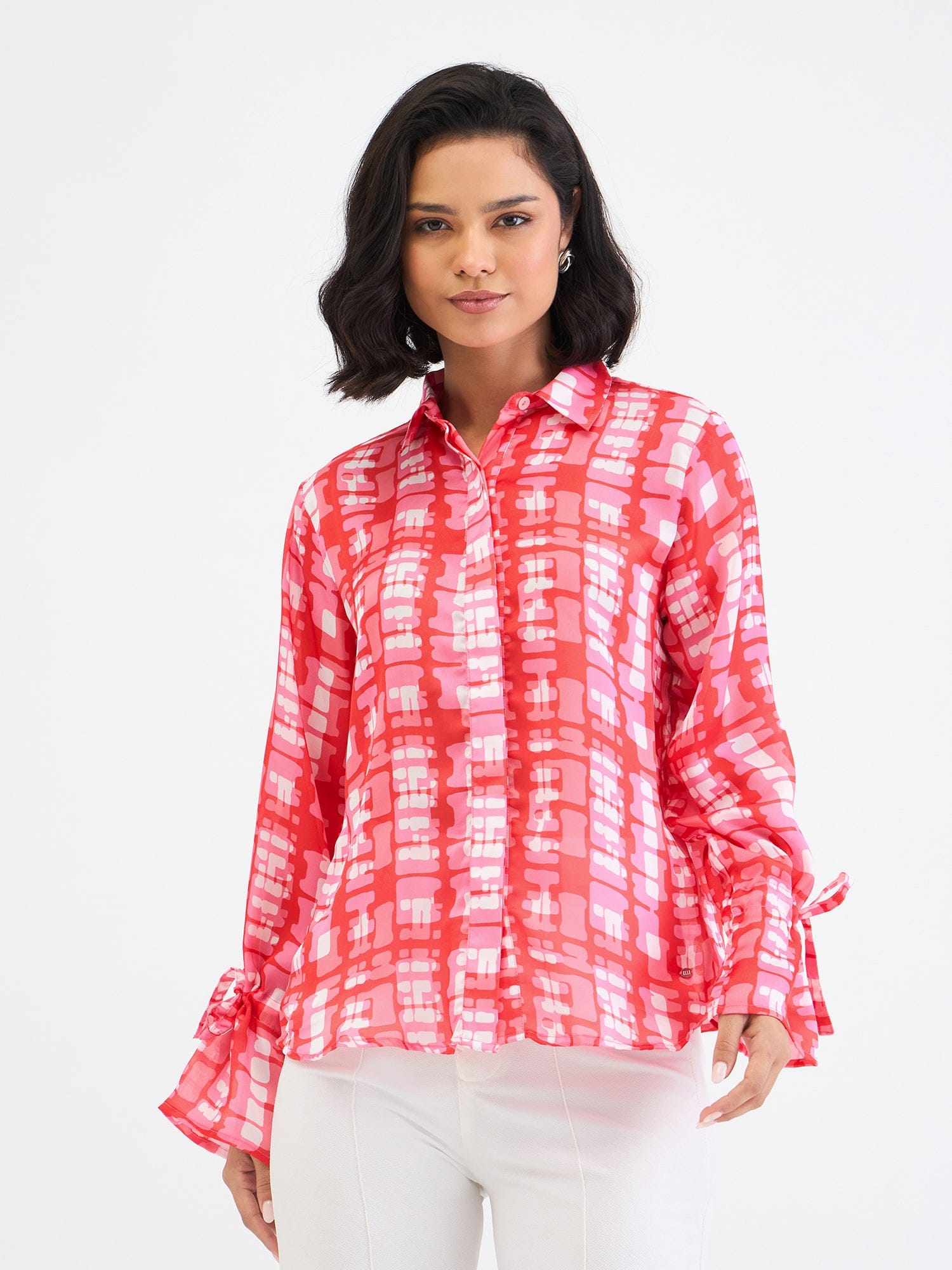 Elle Women Red Printed Collar Shirt
