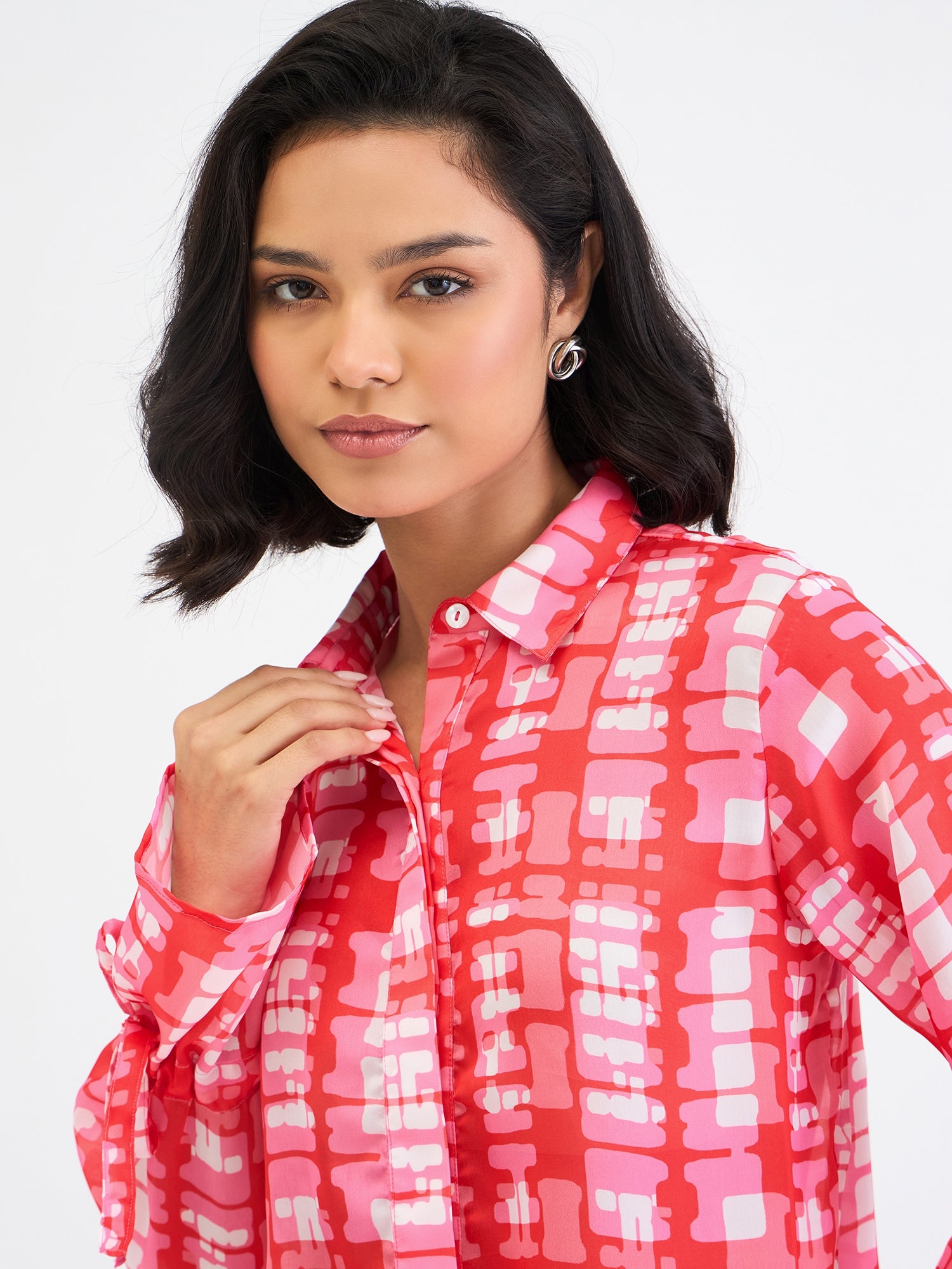 Elle Women Red Printed Collar Shirt