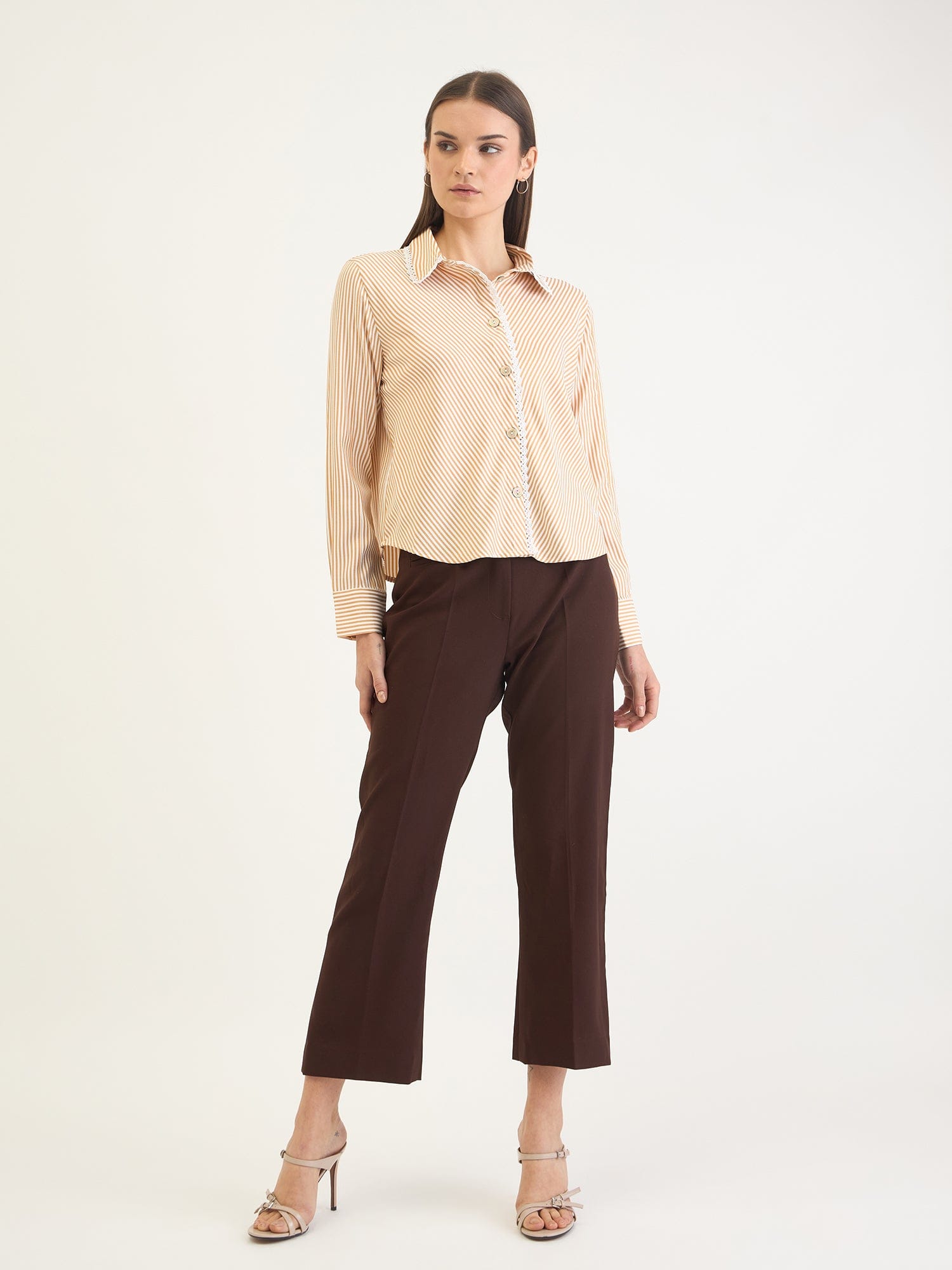 Elle Women Yellow Striped Collar Shirt