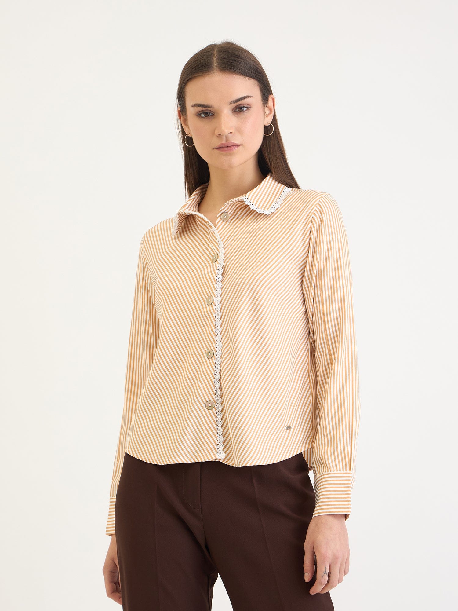 Elle Women Yellow Striped Collar Shirt