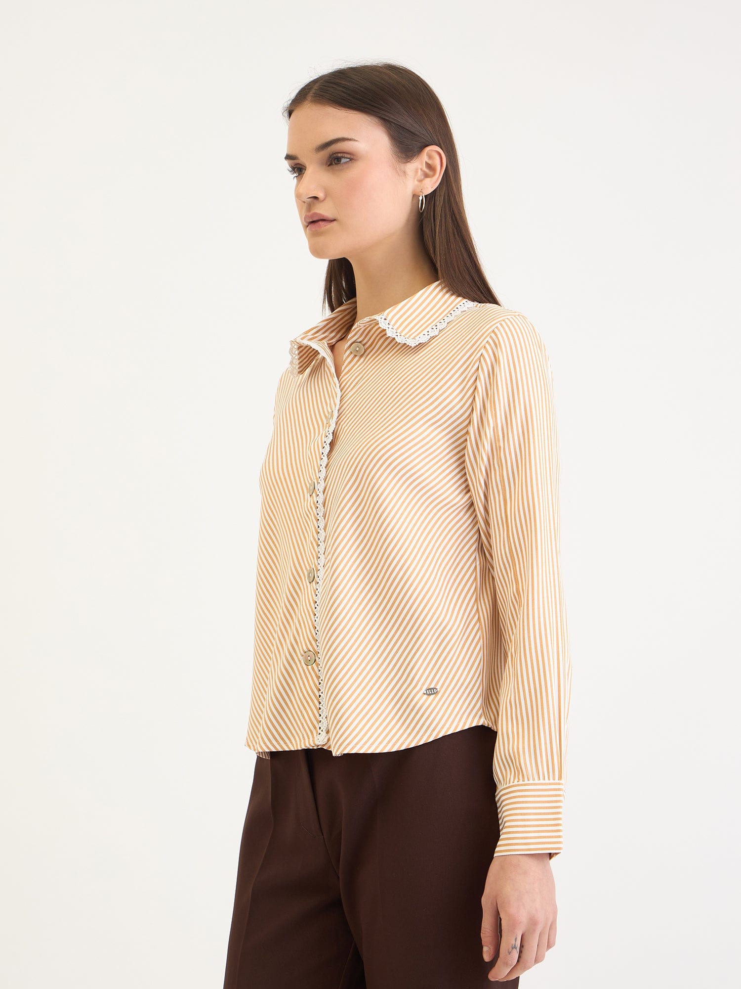 Elle Women Yellow Striped Collar Shirt
