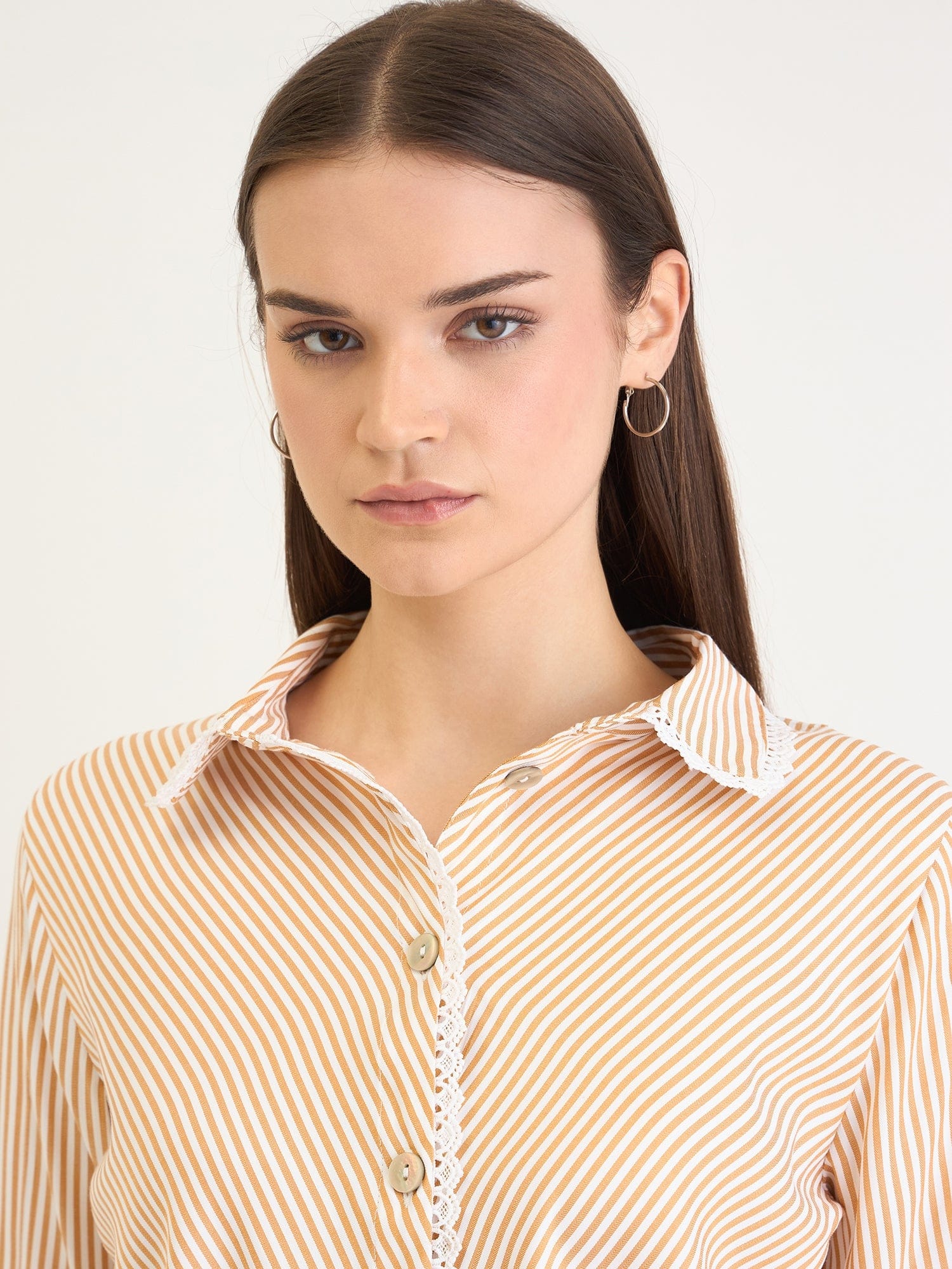 Elle Women Yellow Striped Collar Shirt