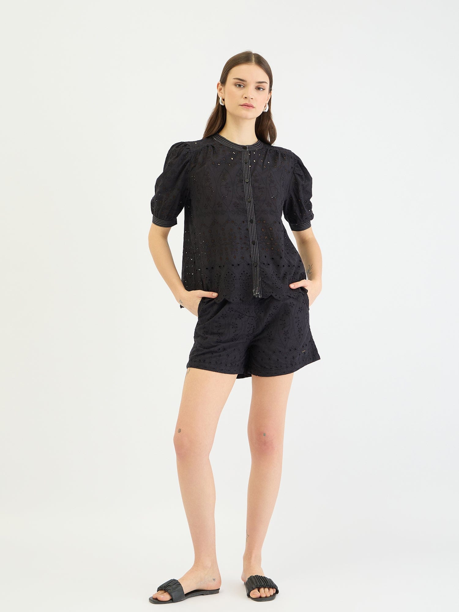 Elle Women Black Relaxed Fit Schiffli Shorts