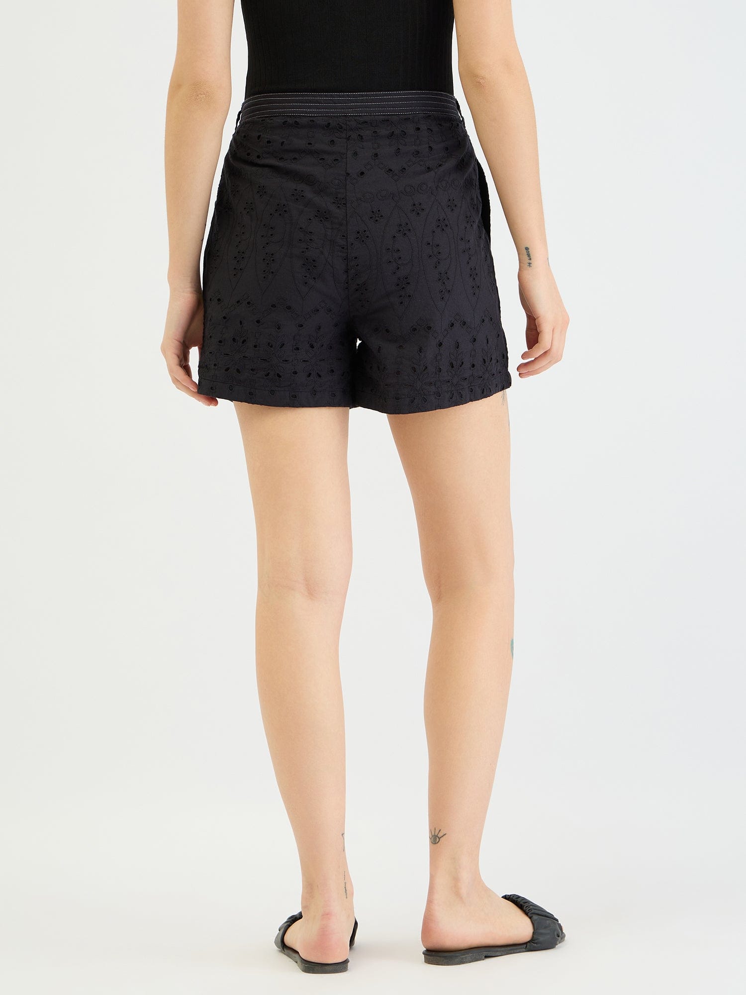 Elle Women Black Relaxed Fit Schiffli Shorts