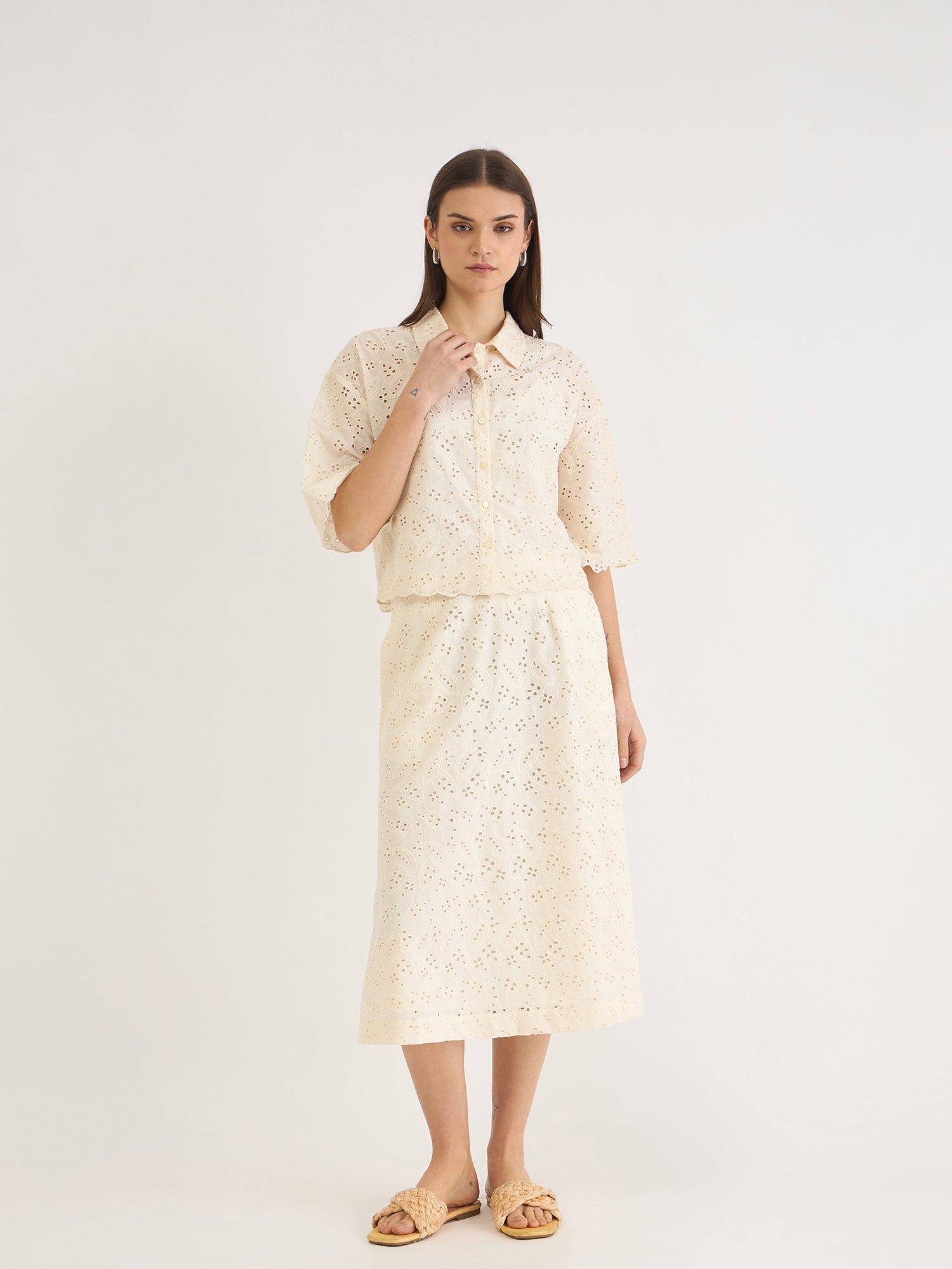 Elle Women WHITE Fit & Flare Schiffli Skirt