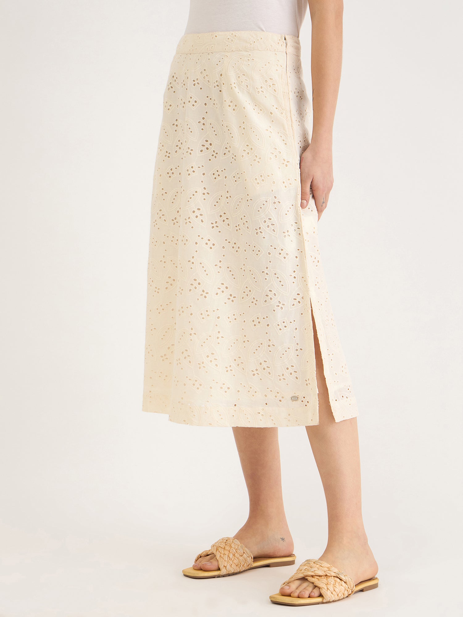 Elle Women WHITE Fit & Flare Schiffli Skirt