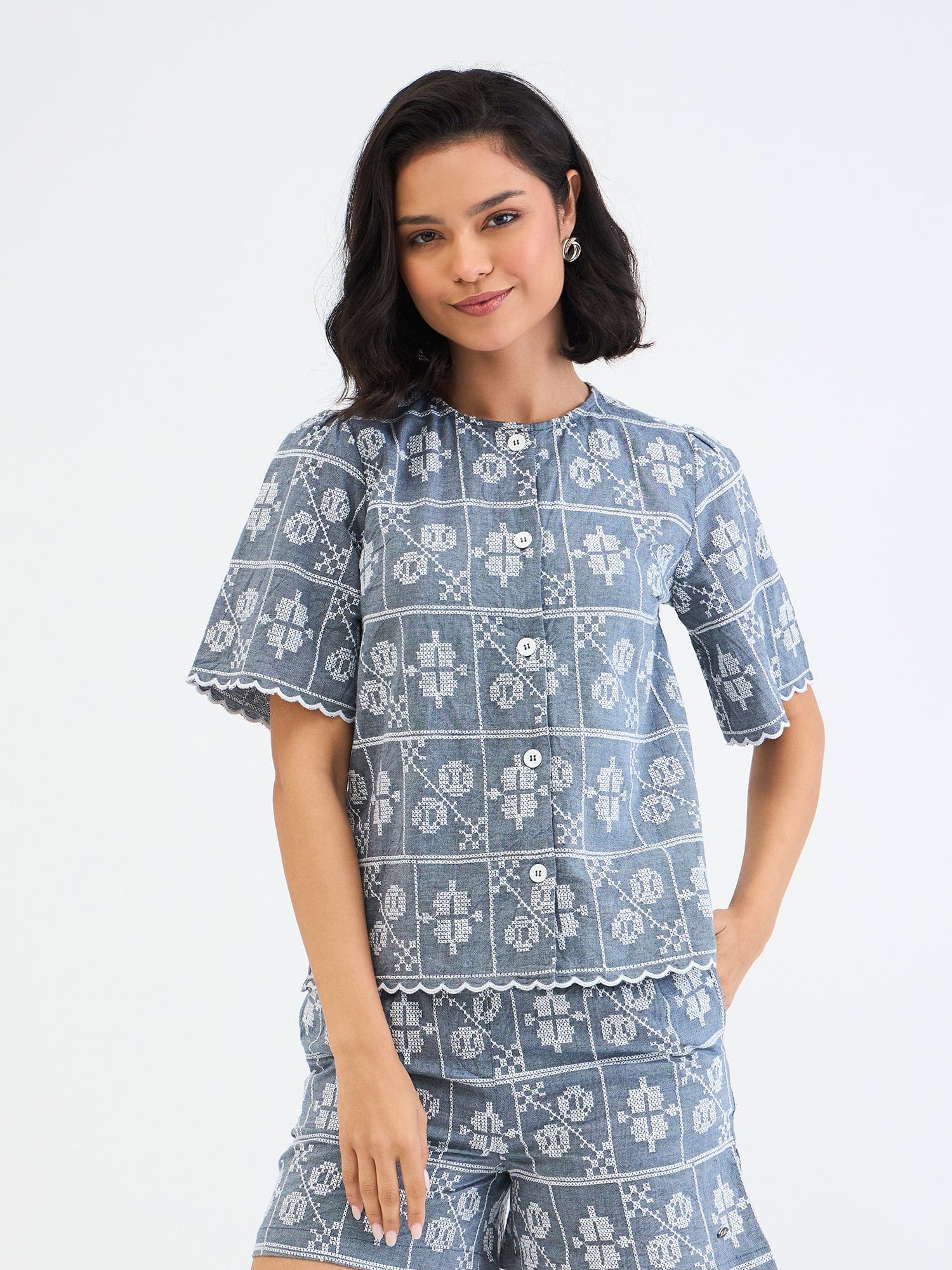 Elle Women Blue Embroidered Round Neck Top