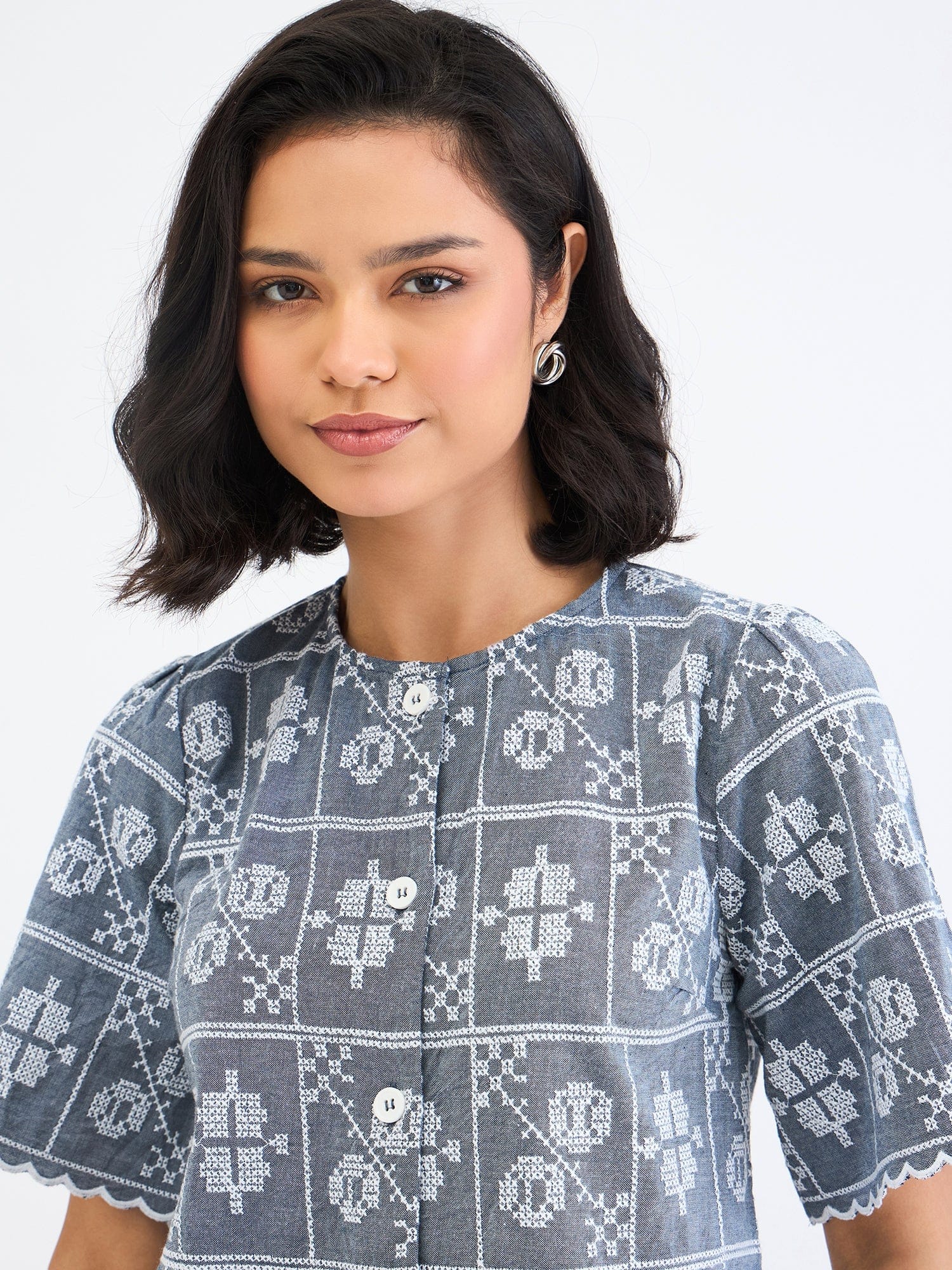 Elle Women Blue Embroidered Round Neck Top