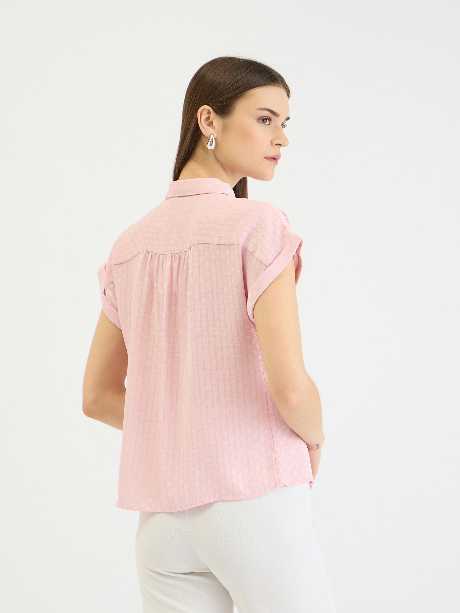 Elle Women Pink Check Collar Top