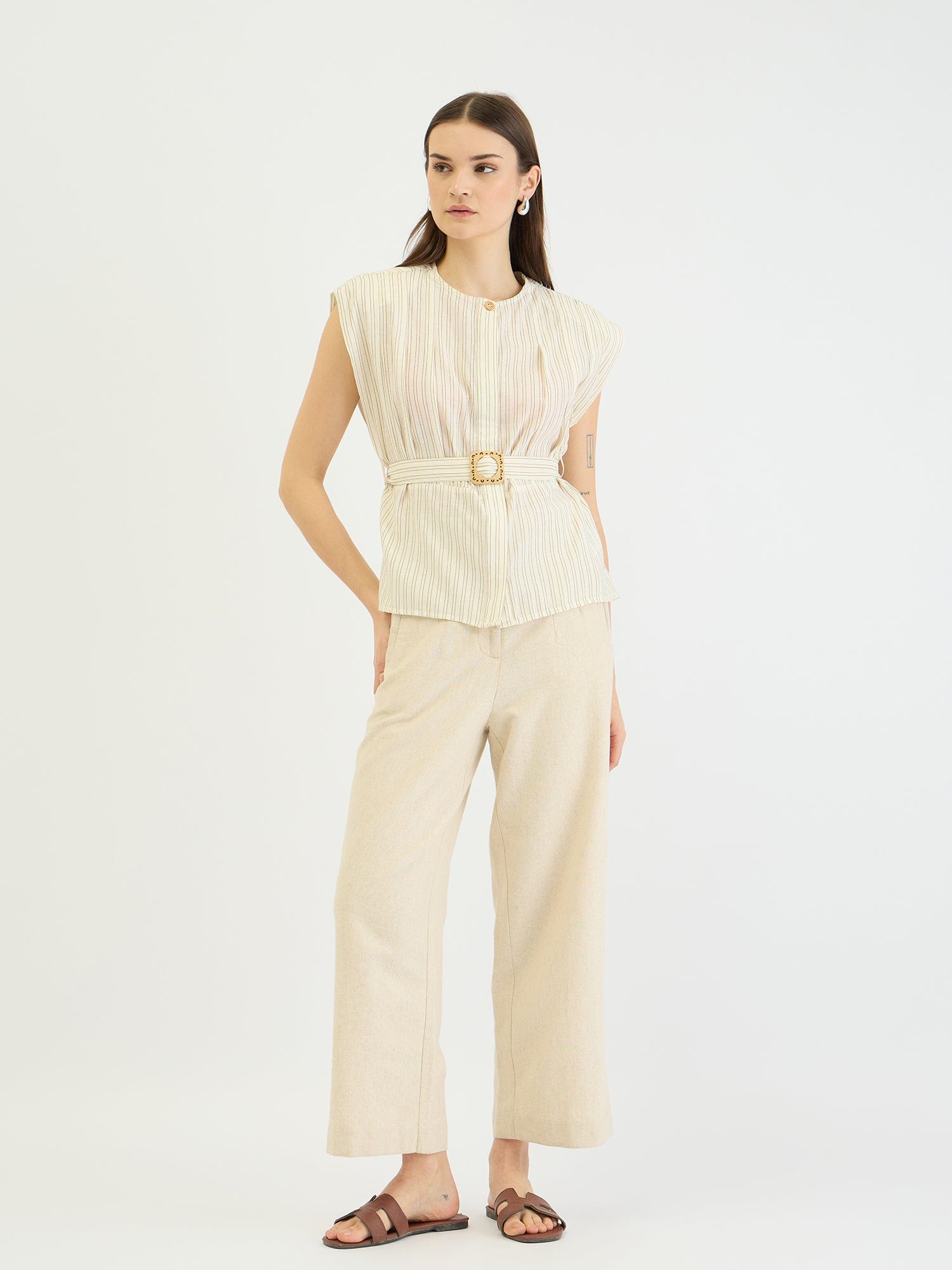 Elle Women Beige Striped Round Neck Top