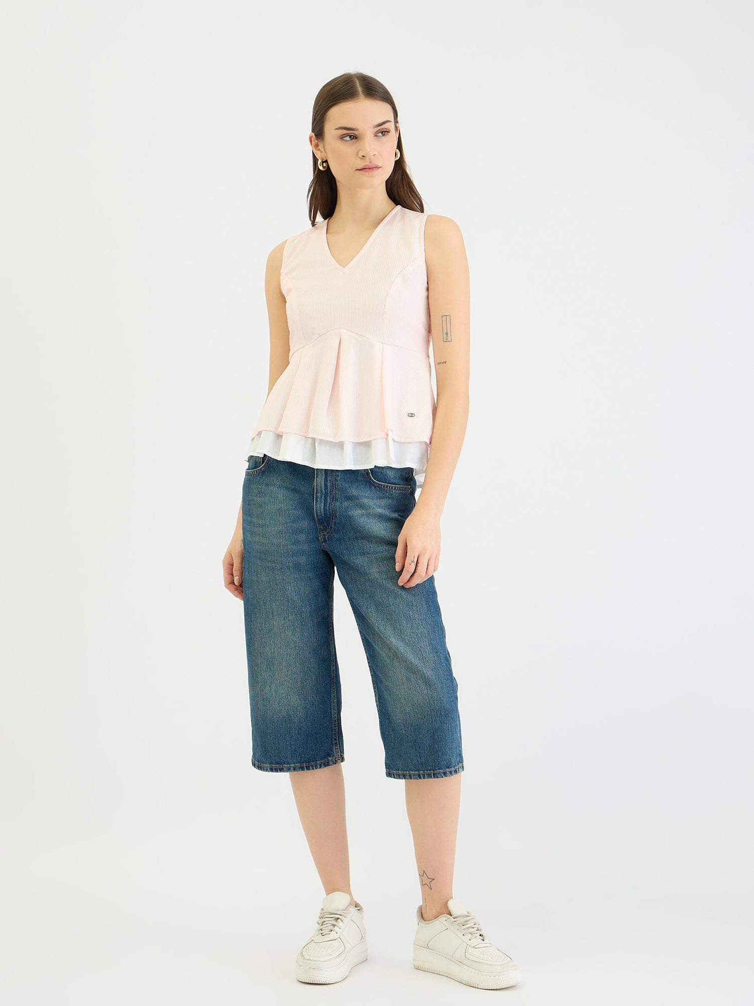 Elle Women Pink Striped Round Neck Top