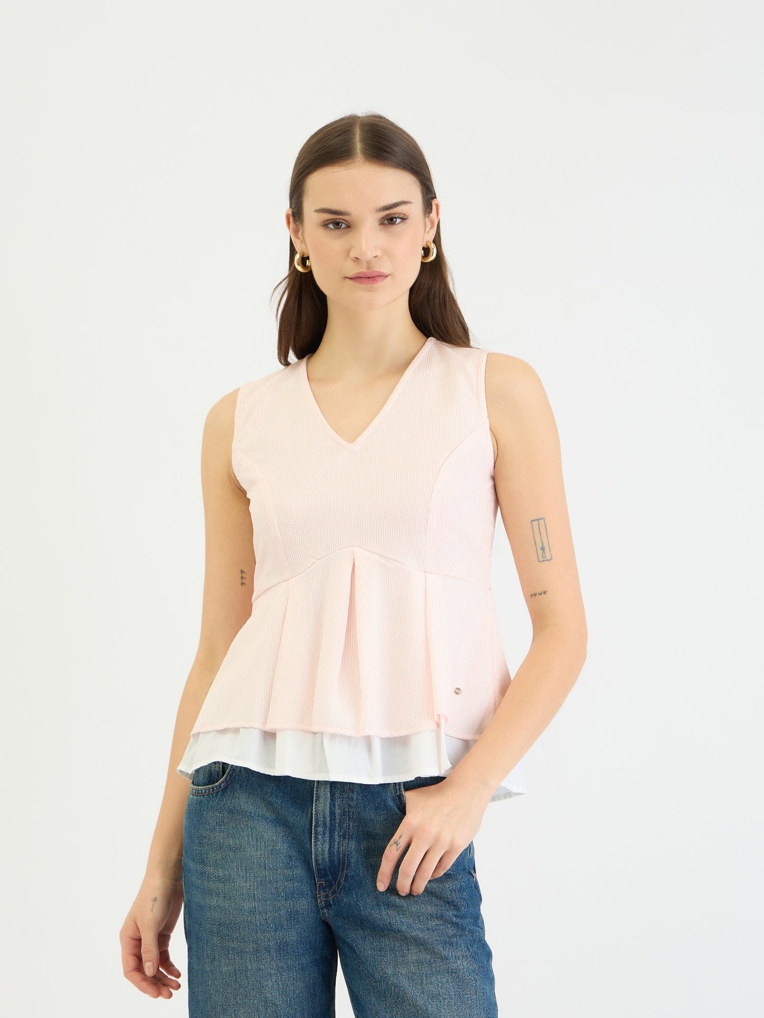 Elle Women Pink Striped Round Neck Top