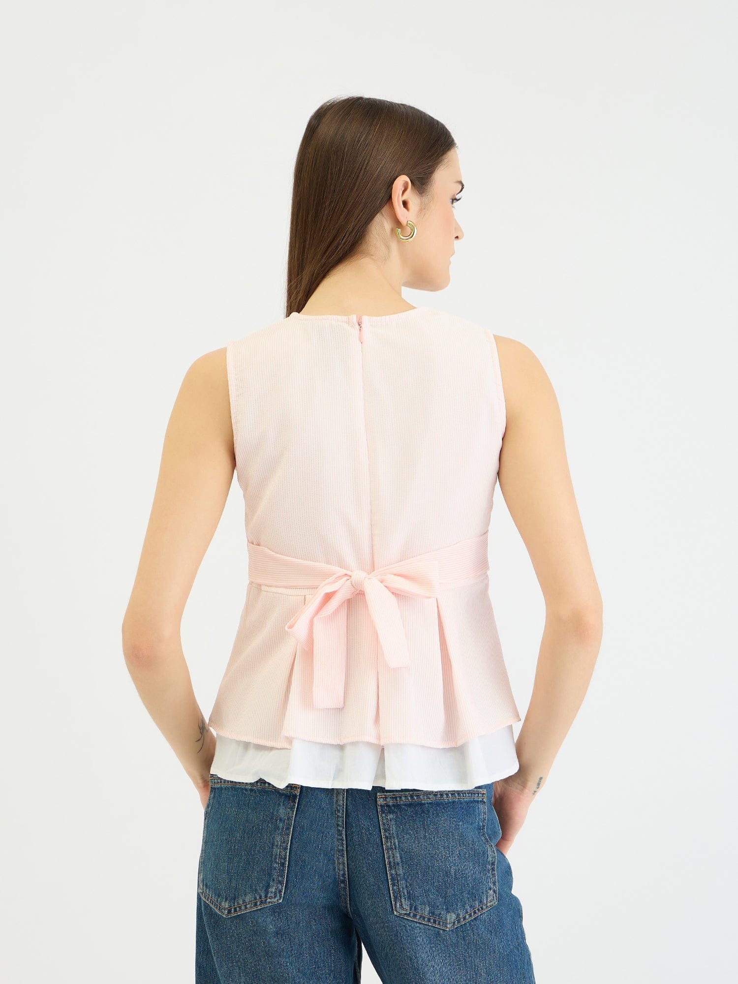 Elle Women Pink Striped Round Neck Top