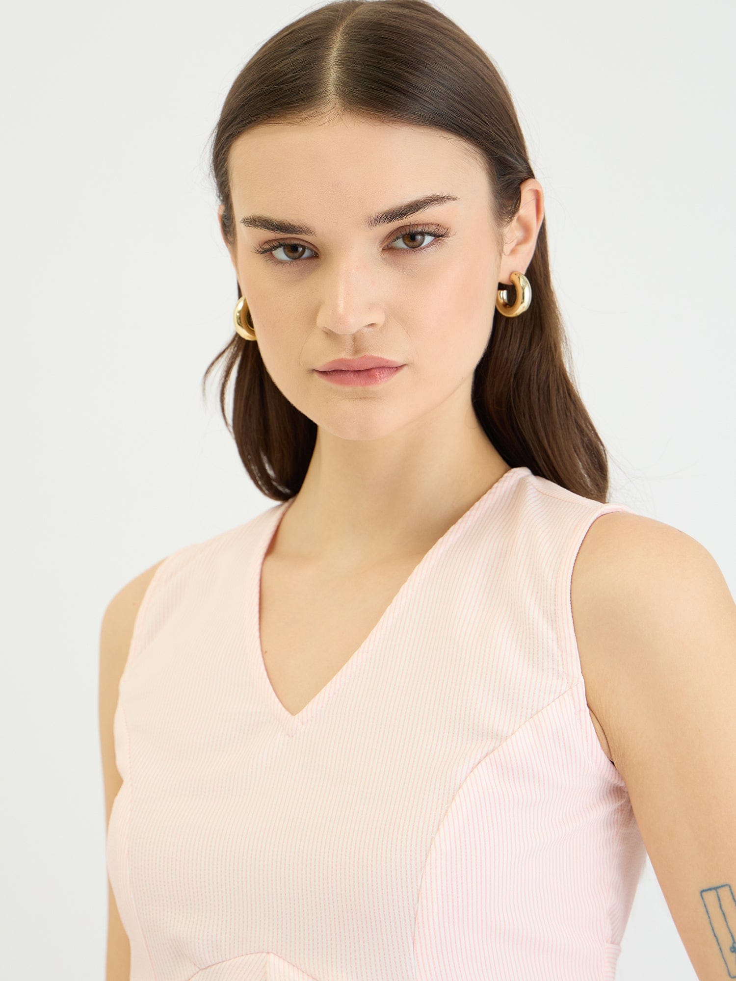 Elle Women Pink Striped Round Neck Top