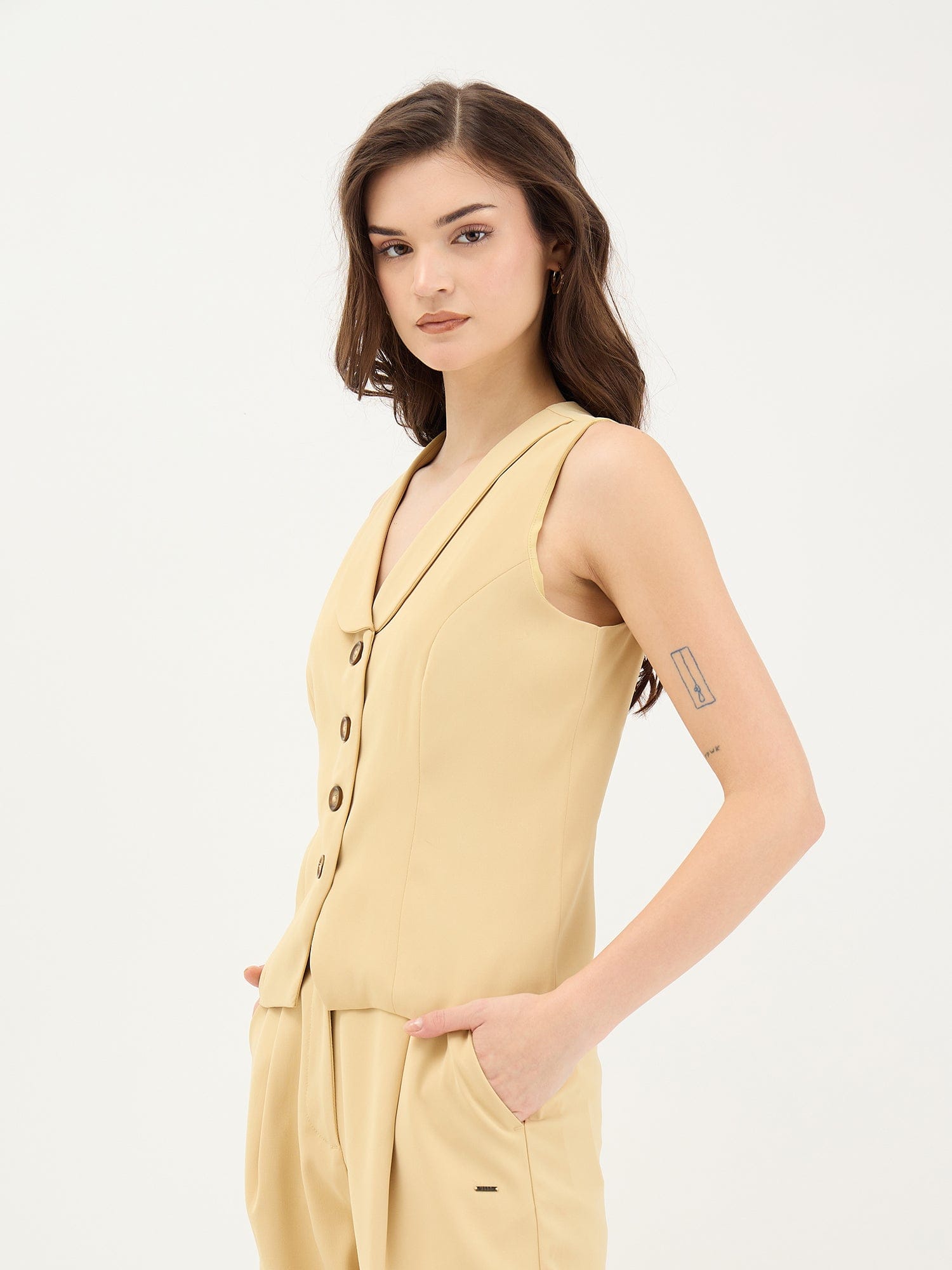 Elle Women Yellow Solid V Neck Top