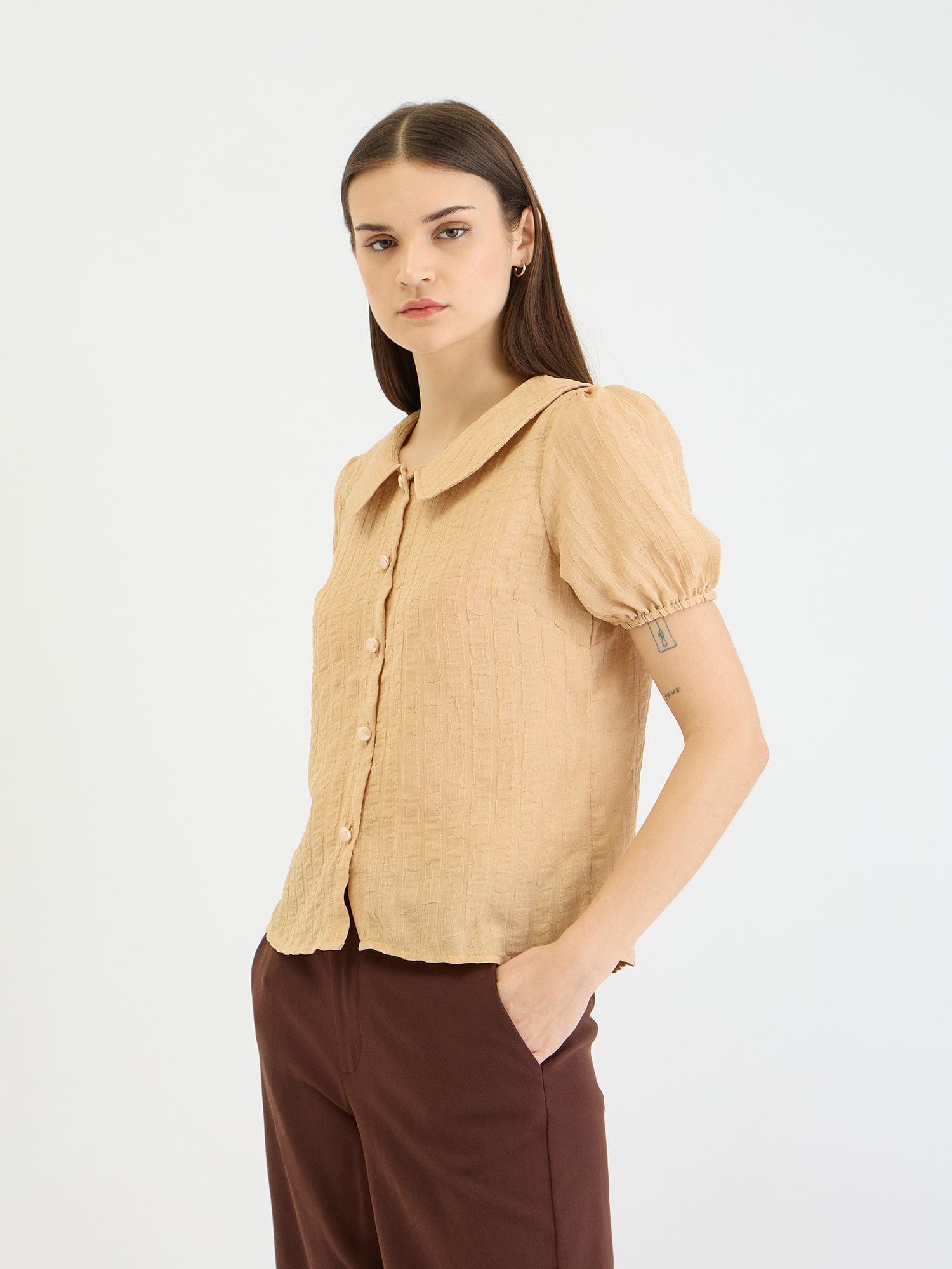 Elle Women Beige Textured Collar Top