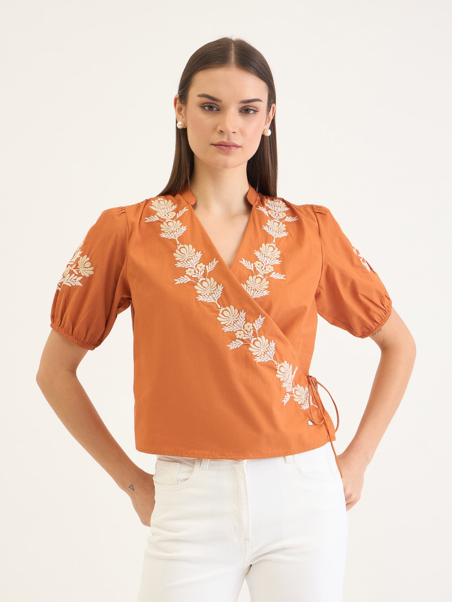 Elle Women Brown Embroidered V Neck Top