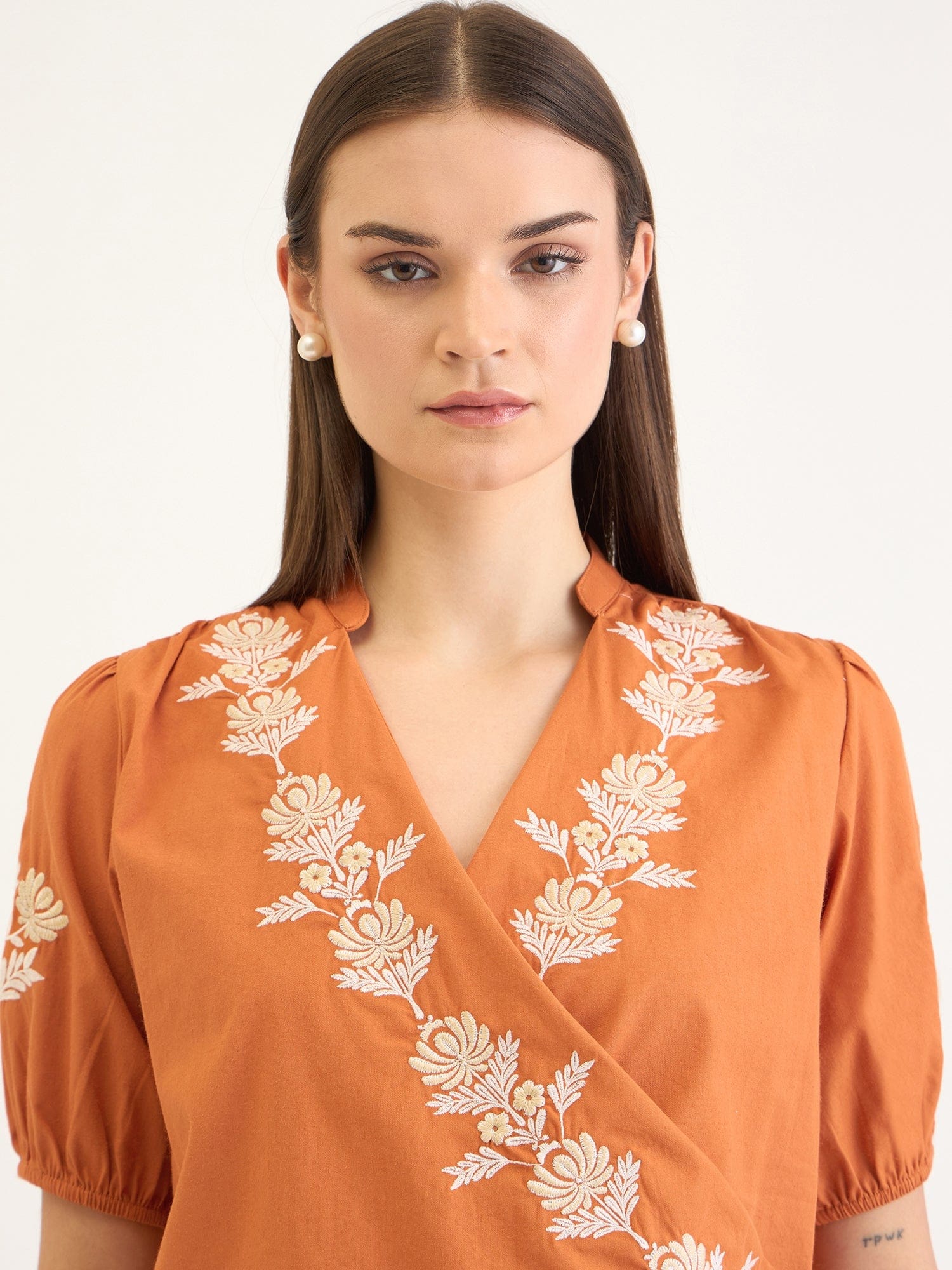 Elle Women Brown Embroidered V Neck Top