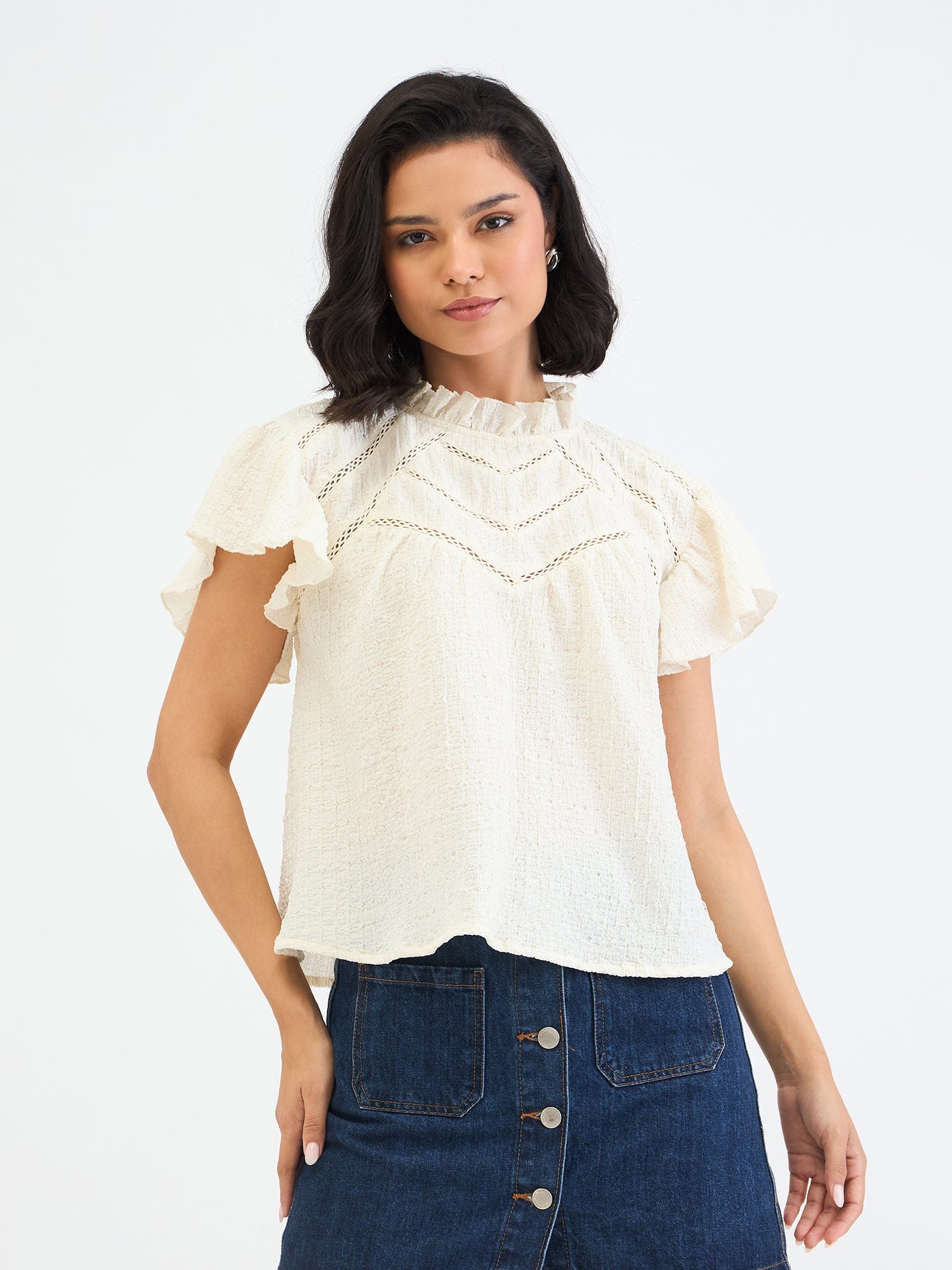 Elle Women White Textured Round Neck Top