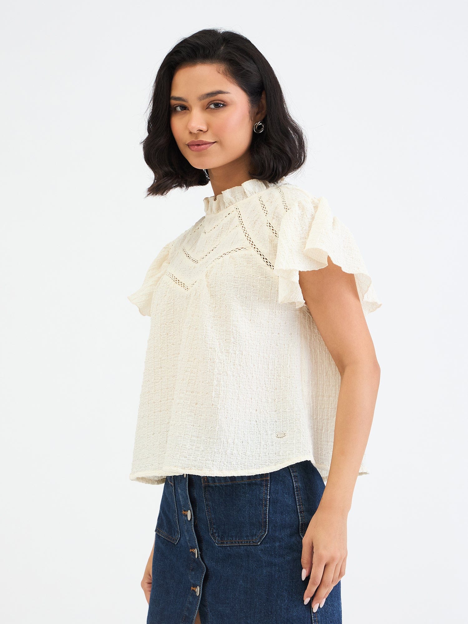 Elle Women White Textured Round Neck Top