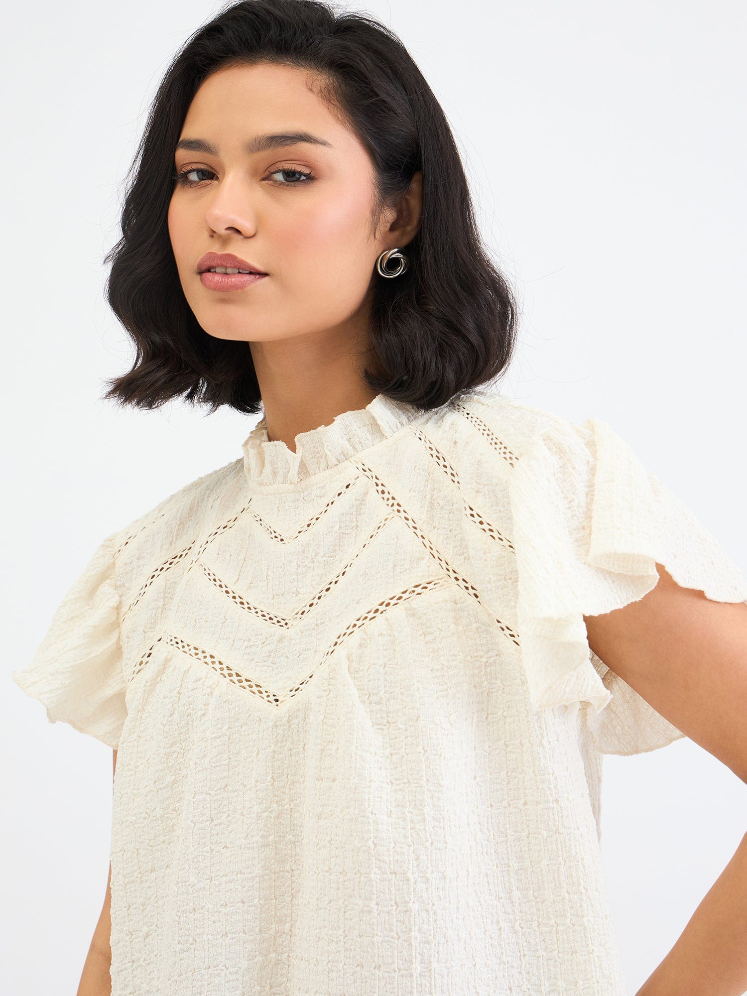 Elle Women White Textured Round Neck Top