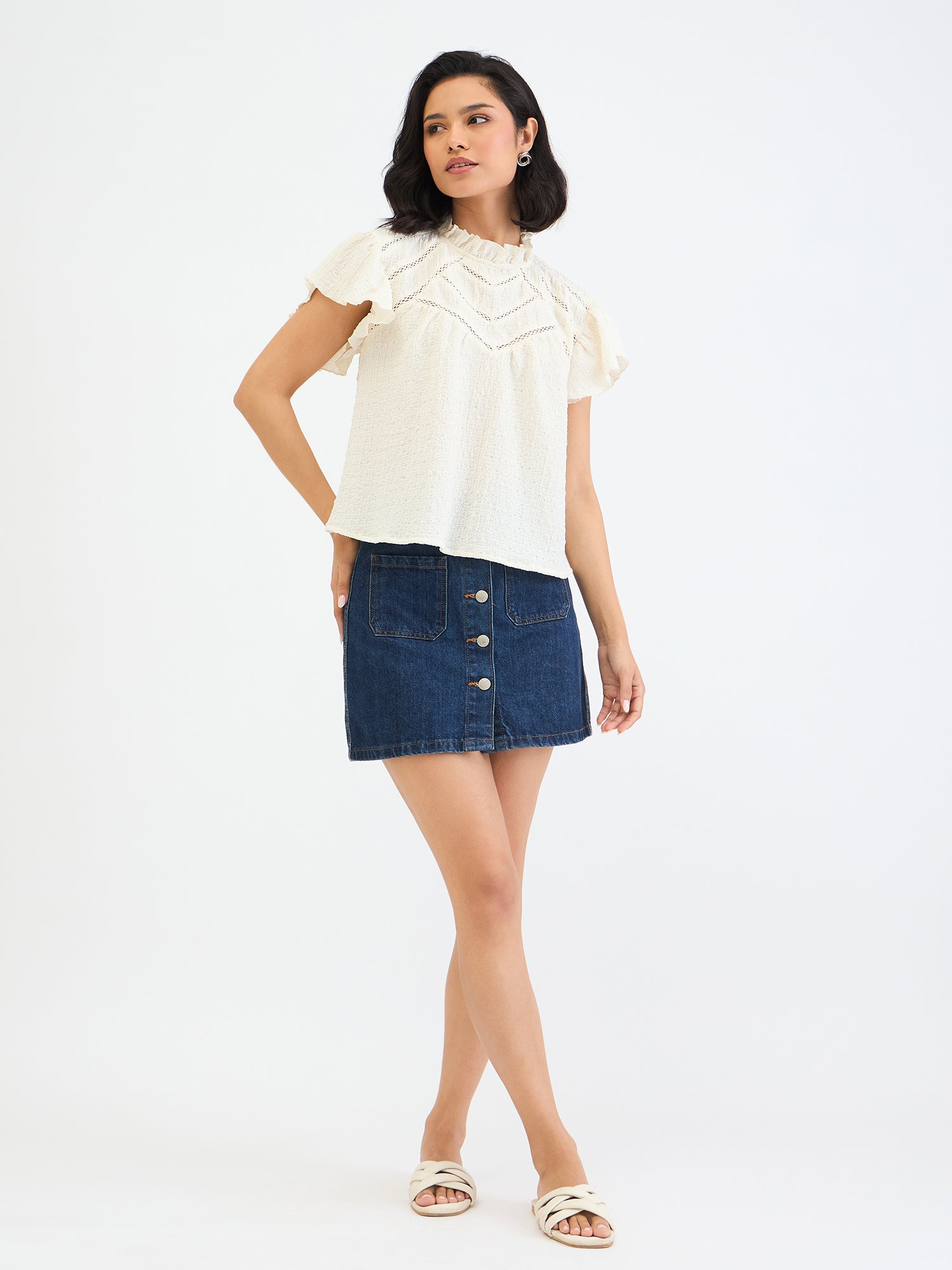 Elle Women White Textured Round Neck Top