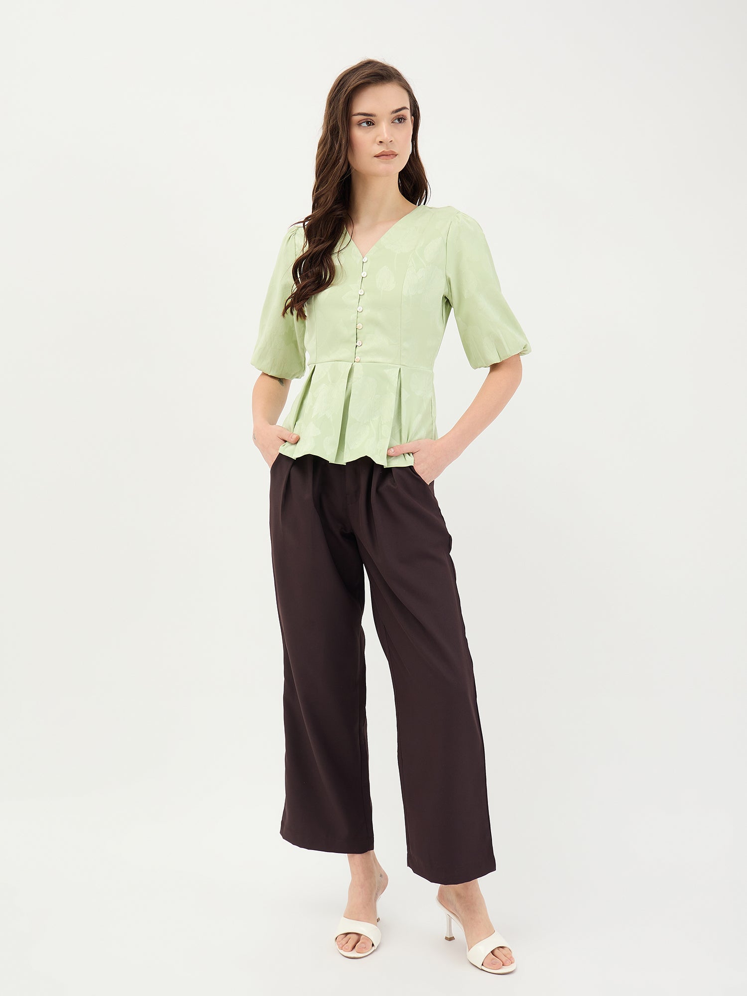 Elle Women Green Jacquard Collar Top