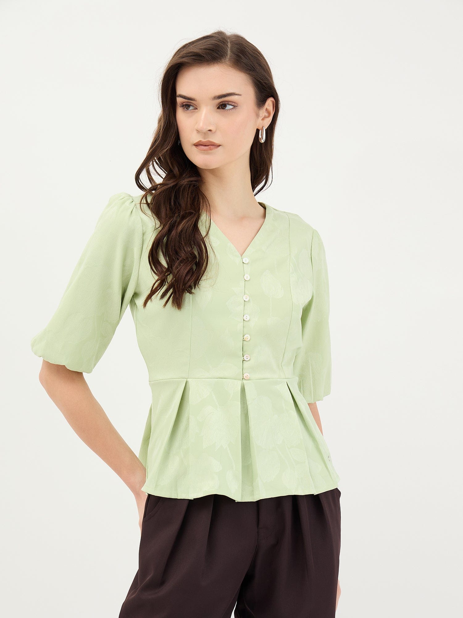 Elle Women Green Jacquard Collar Top