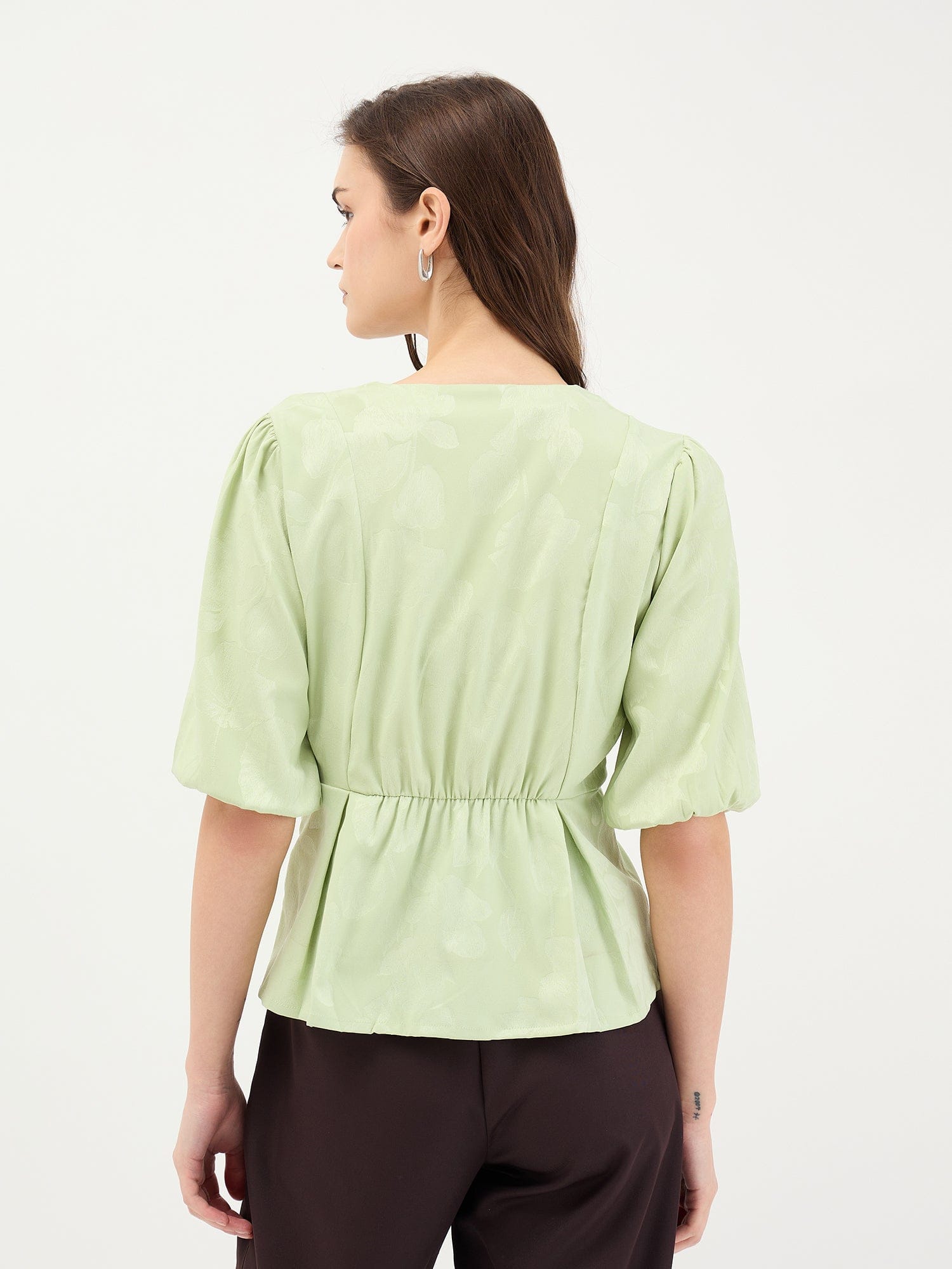 Elle Women Green Jacquard Collar Top