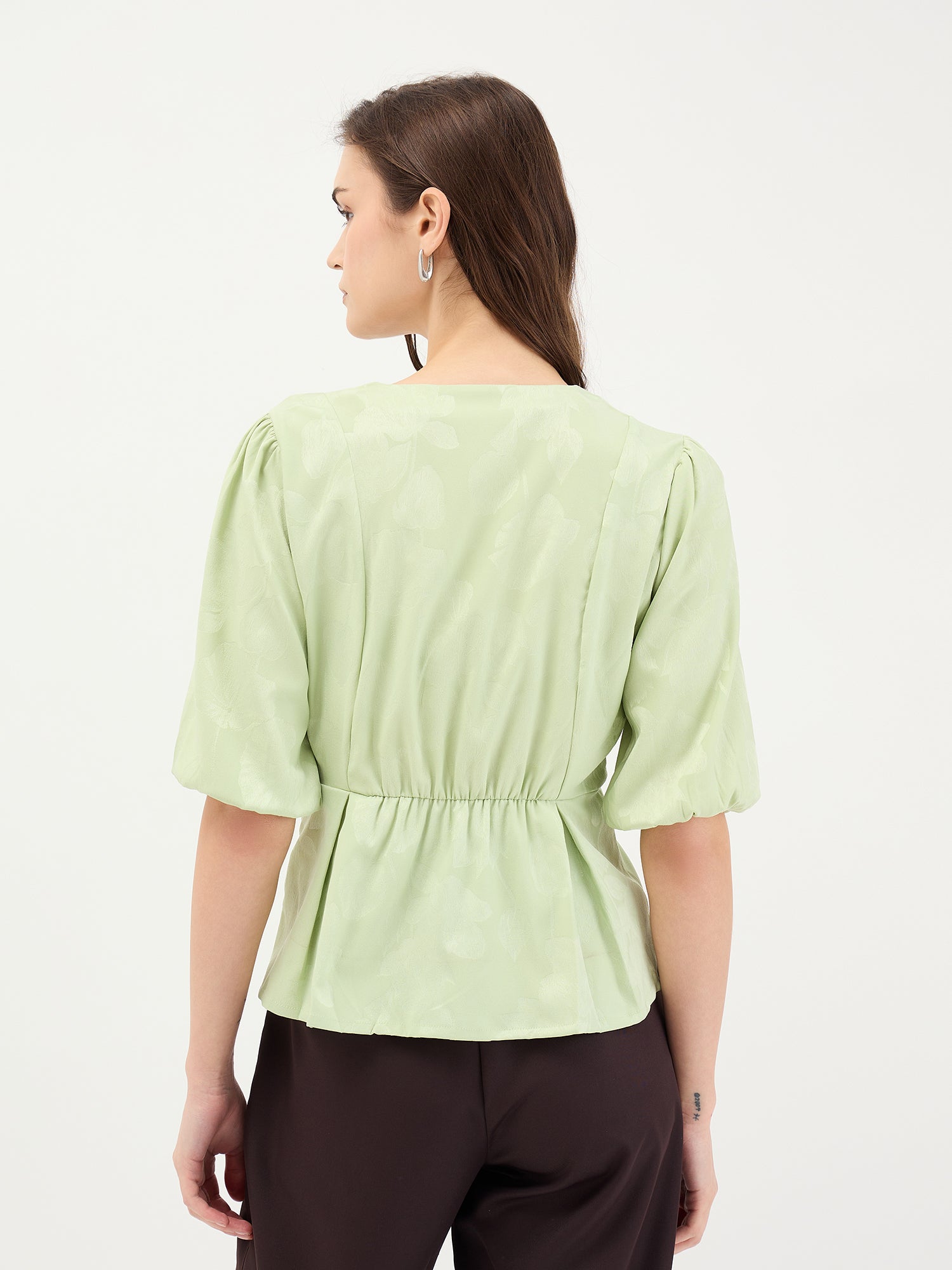 Elle Women Green Jacquard Collar Top