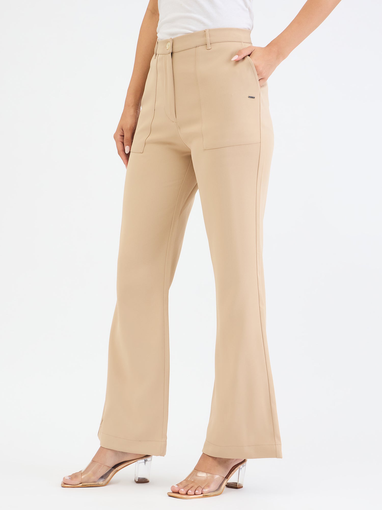 Elle Women Beige Bell Bottom Solid Trouser